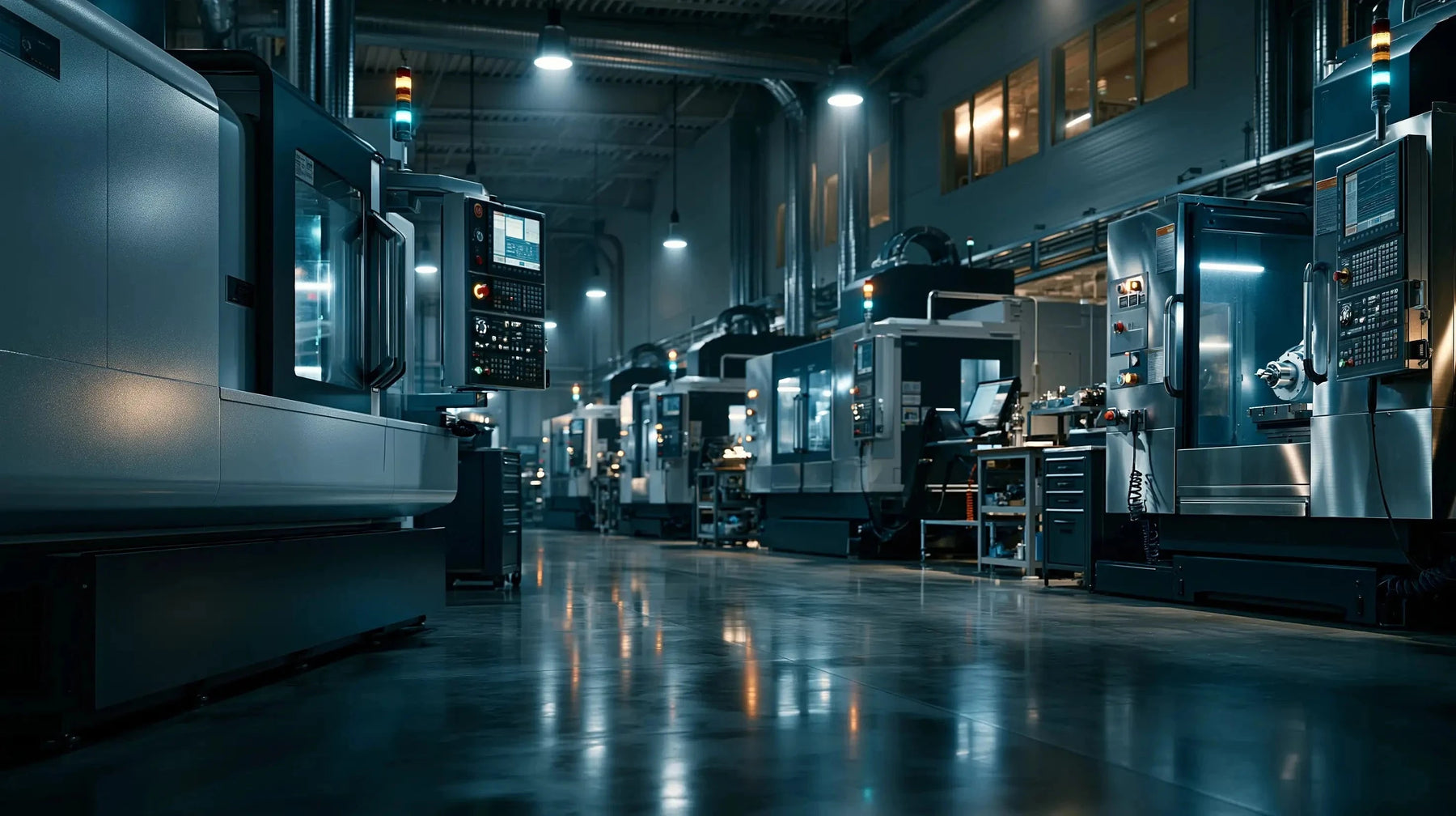 Modern CNC machine shop with precision machining centers supporting Tech Tool industrial manufacturing capabilities.