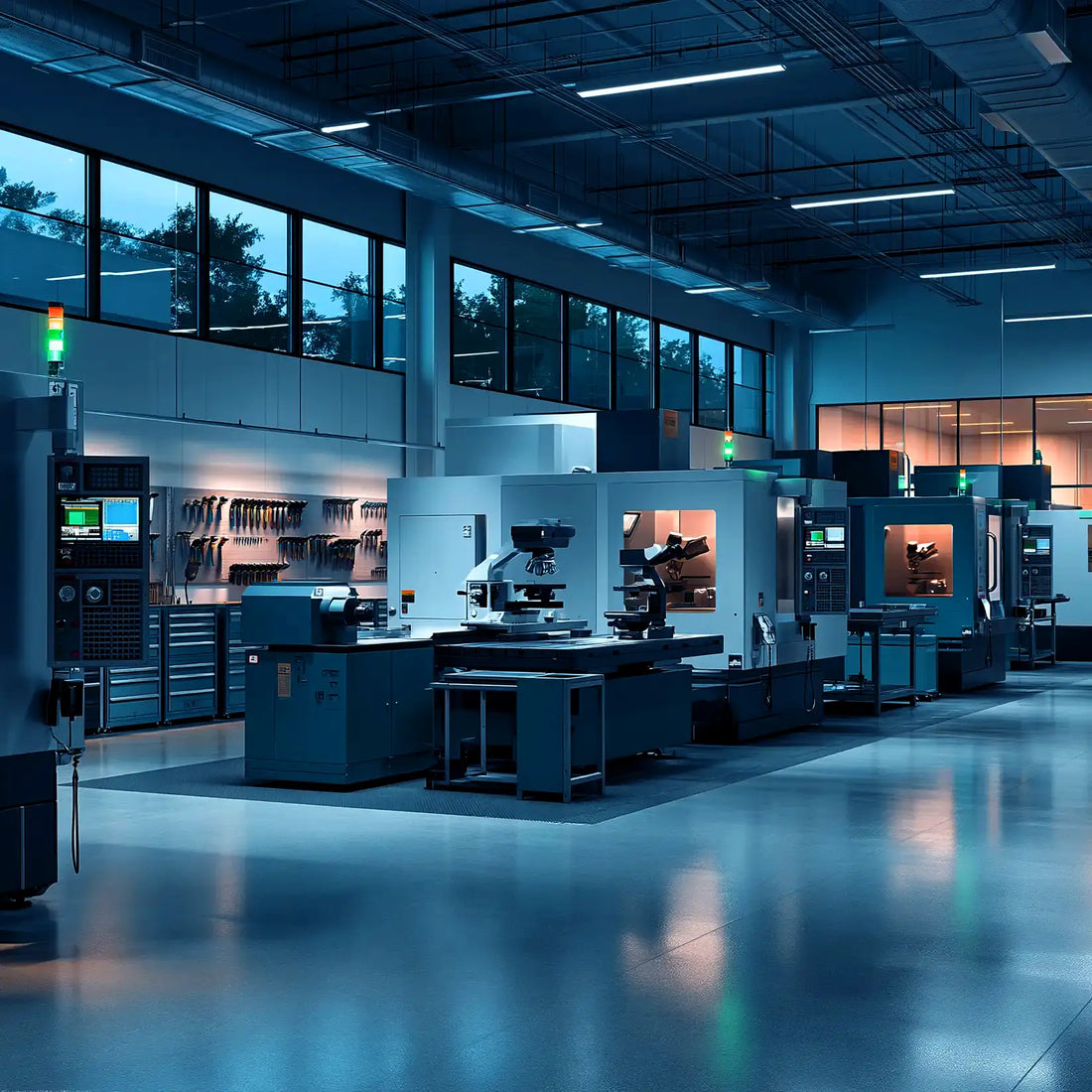 Modern CNC machine shop with organized cutting tools and production equipment, supporting Tech Tool inventory and machining operations.