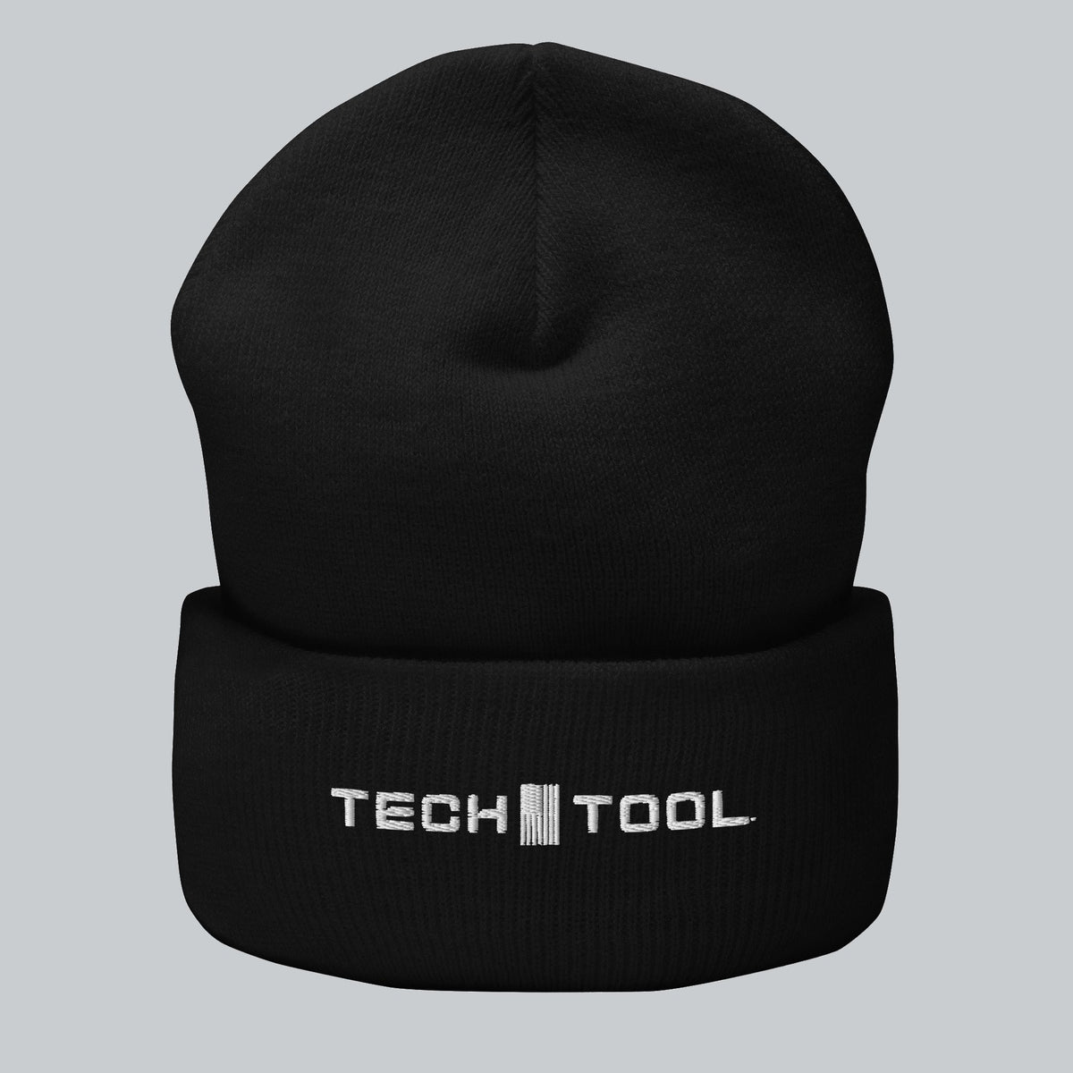 Tech Tool Core Cuffed Beanie, front view showing embroidered Tech Tool logo on the folded cuff | Color: Black