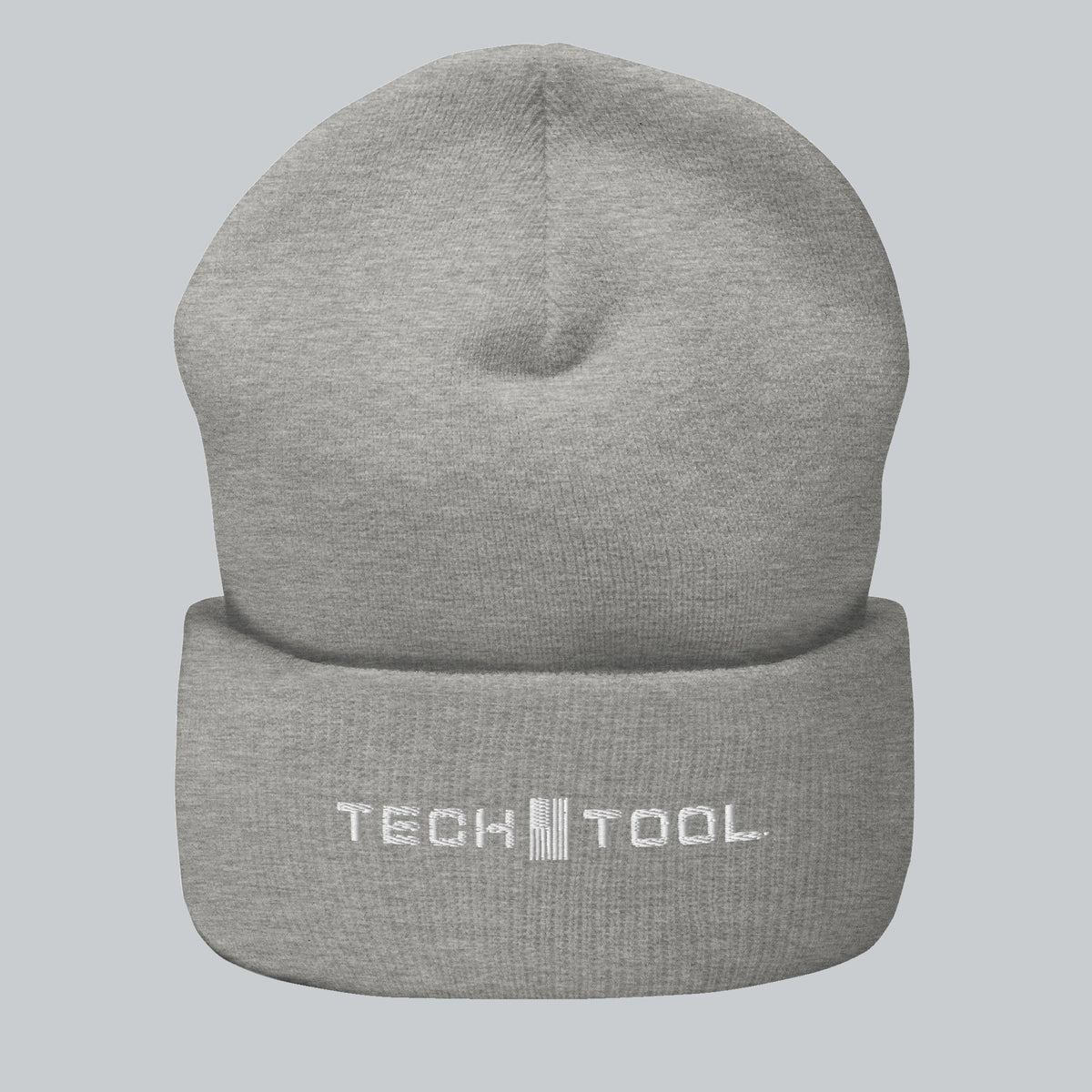 Tech Tool Core Cuffed Beanie, front view showing embroidered Tech Tool logo on the folded cuff | Color: Heather Grey