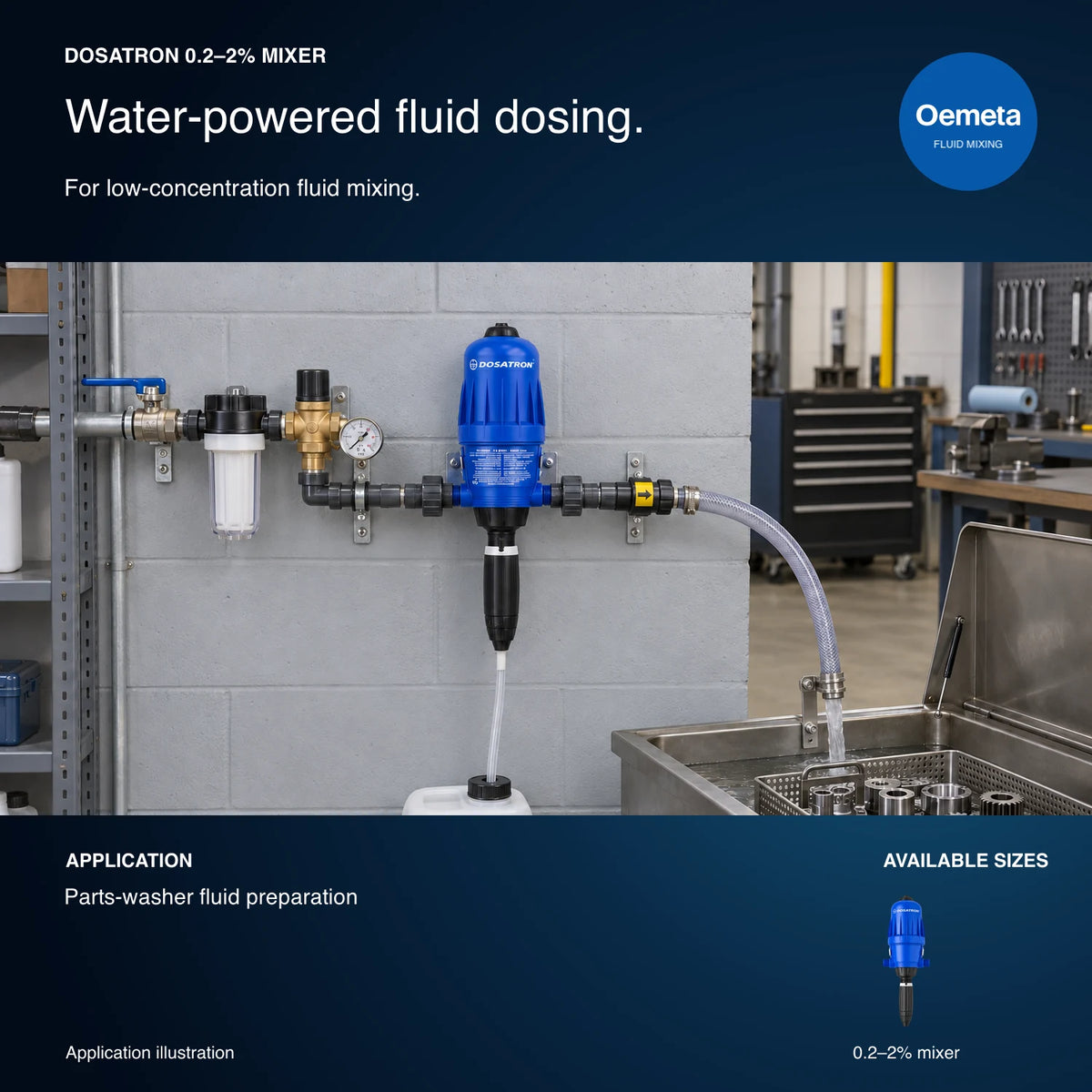 Dosatron D14MZ2 0.2–2% water-powered mixer application illustration showing filtered water entering the injector, concentrate drawn from a covered container, and mixed fluid delivered through a restrained hose into a parts washer.