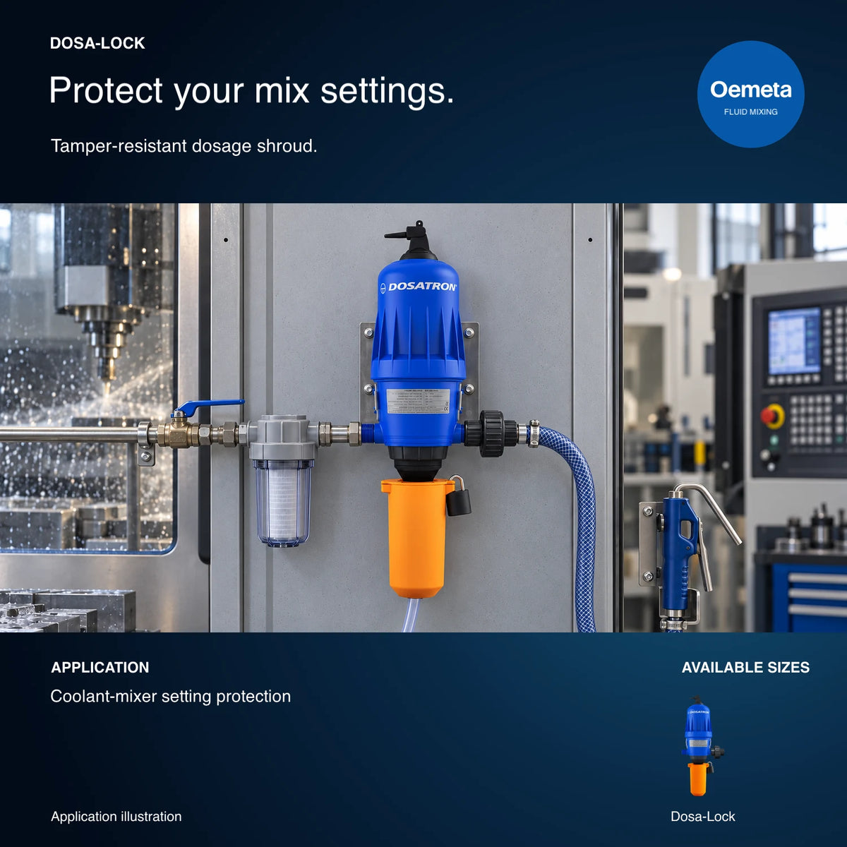 Dosatron DOSA-LOCK application illustration showing the orange padlocked shroud protecting an injector's dosage adjustment stem on a connected coolant mixing station; injector and station shown for installation context.