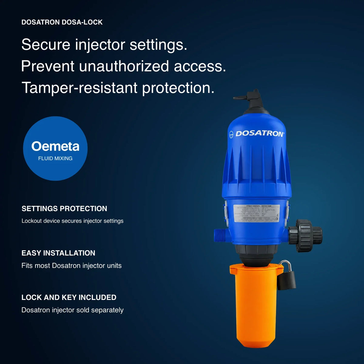 Orange Dosatron DOSA-LOCK housing and padlock shown installed on a blue injector, sold separately, with settings protection features