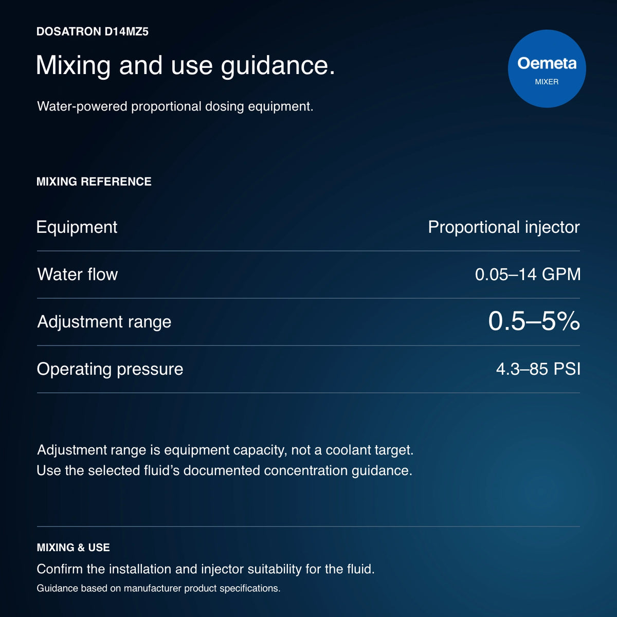 Dosatron D14MZ5 use guidance: equipment adjustment range 0.5–5%, water flow 0.05–14 GPM, operating pressure 4.3–85 PSI. Use the fluid’s documented concentration target.