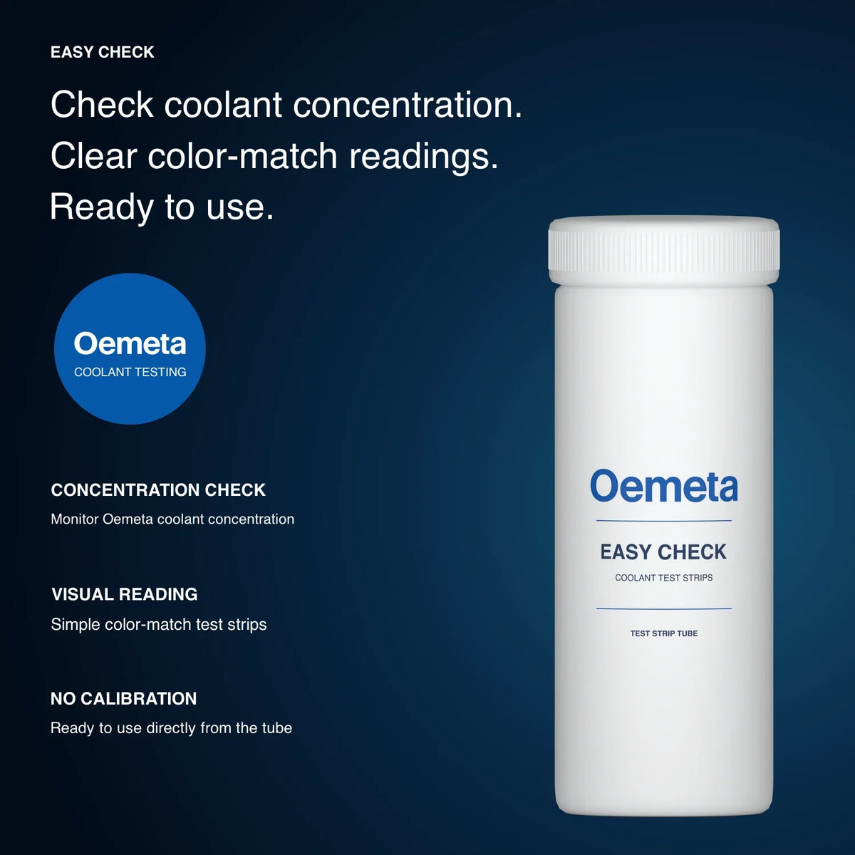 Oemeta Easy Check coolant test strip tube with concentration monitoring, visual color matching and no-calibration information