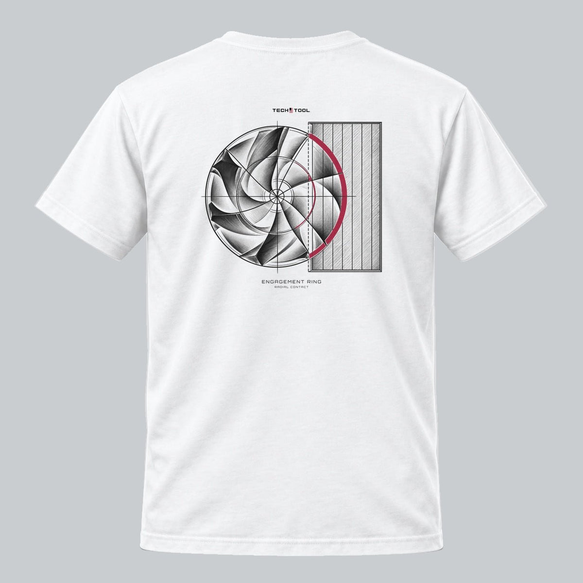 Engagement Ring T-Shirt, back view showing circular cutting-tool illustration | Color: White