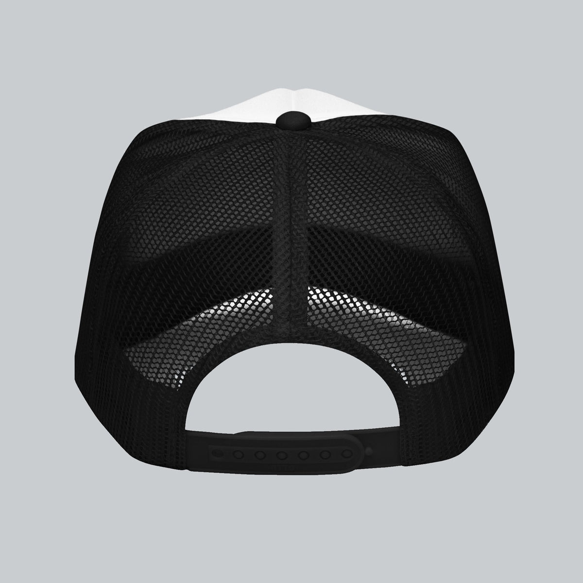 Never a Dull Moment Trucker Hat, back view showing mesh panels and adjustable snap closure | Color: Obsidian (Black / White)