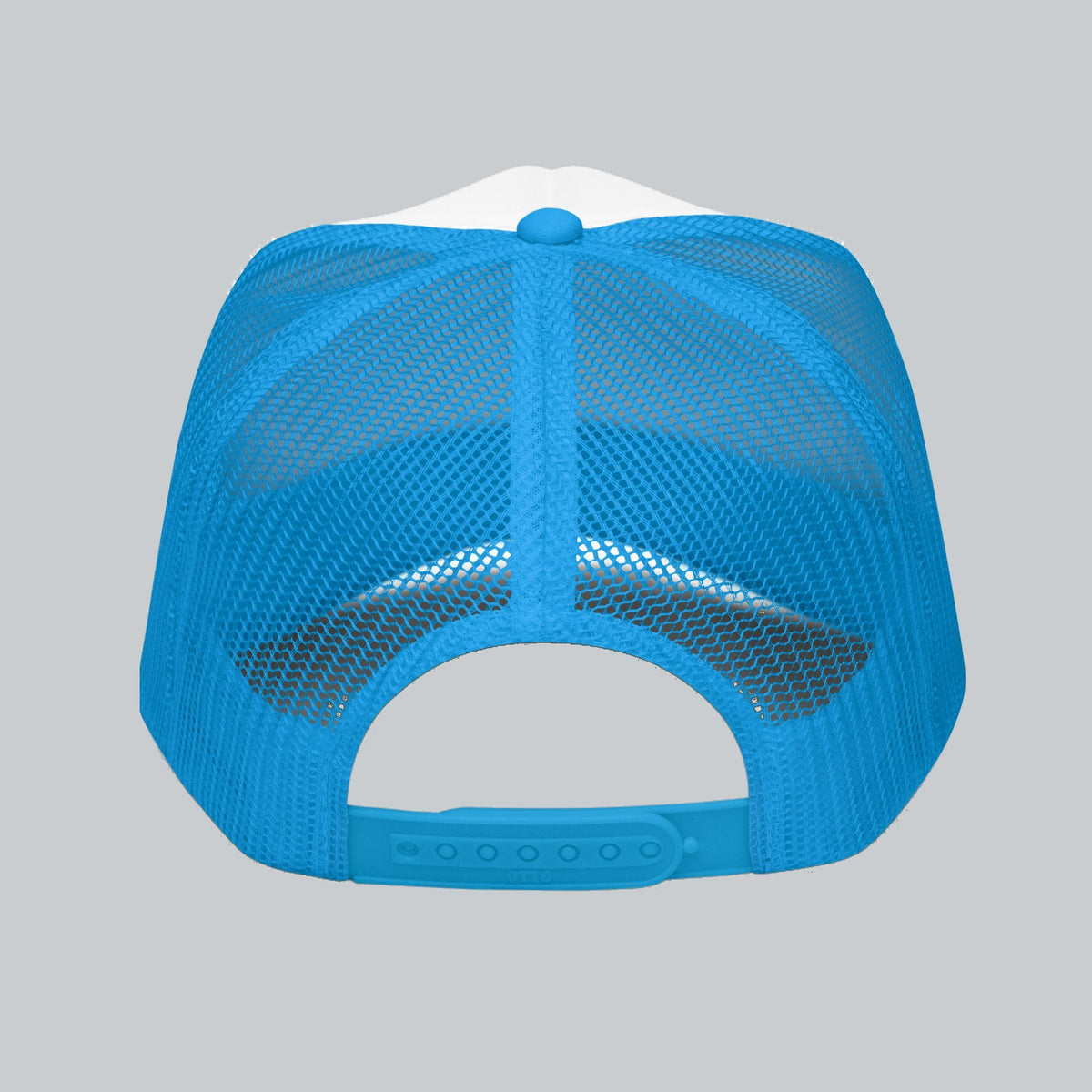 Never a Dull Moment Trucker Hat, back view showing mesh panels and adjustable snap closure | Color: Bluebird (Blue / White)