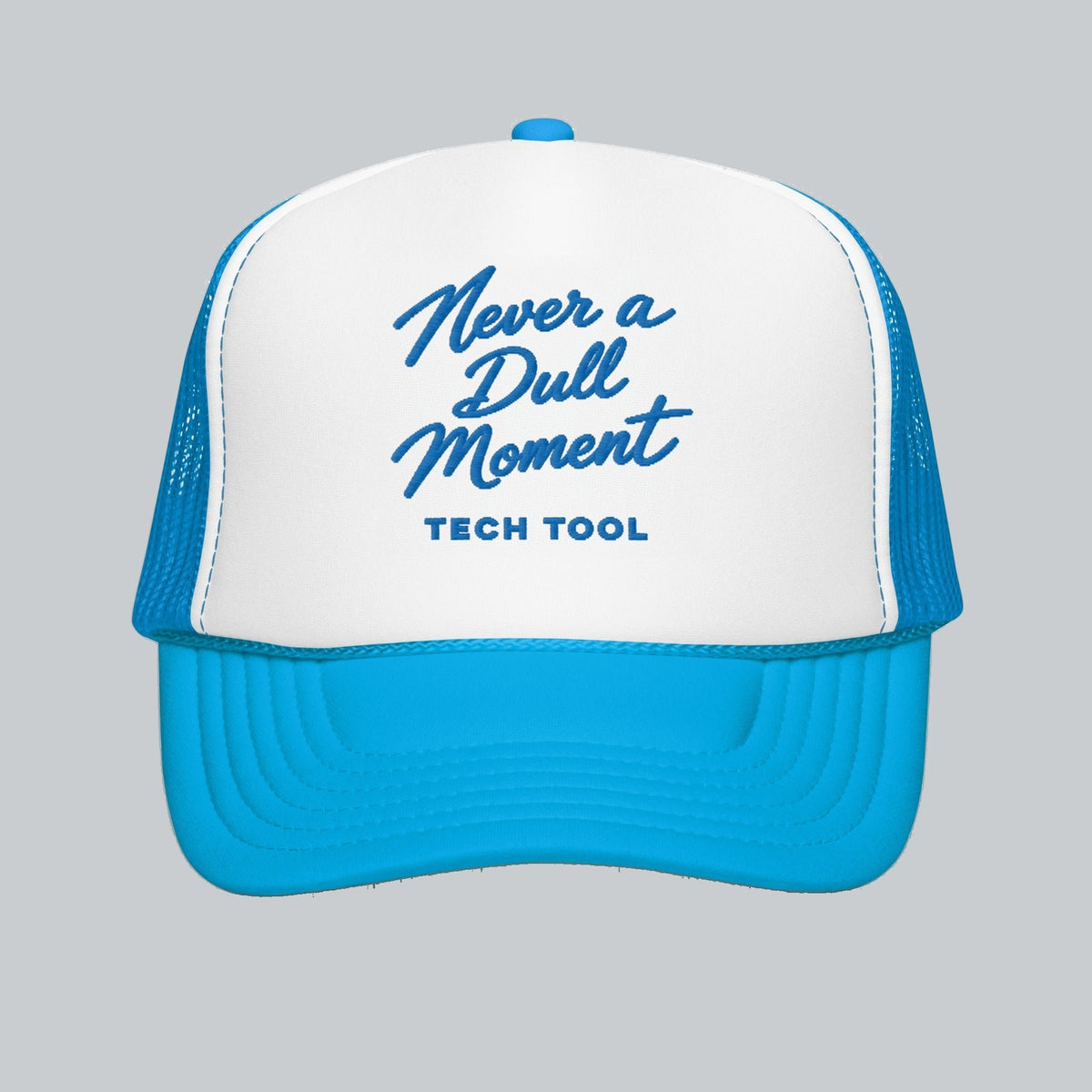 Never a Dull Moment Trucker Hat, front view showing Never a Dull Moment script embroidery and Tech Tool signature | Color: Bluebird (Blue / White)