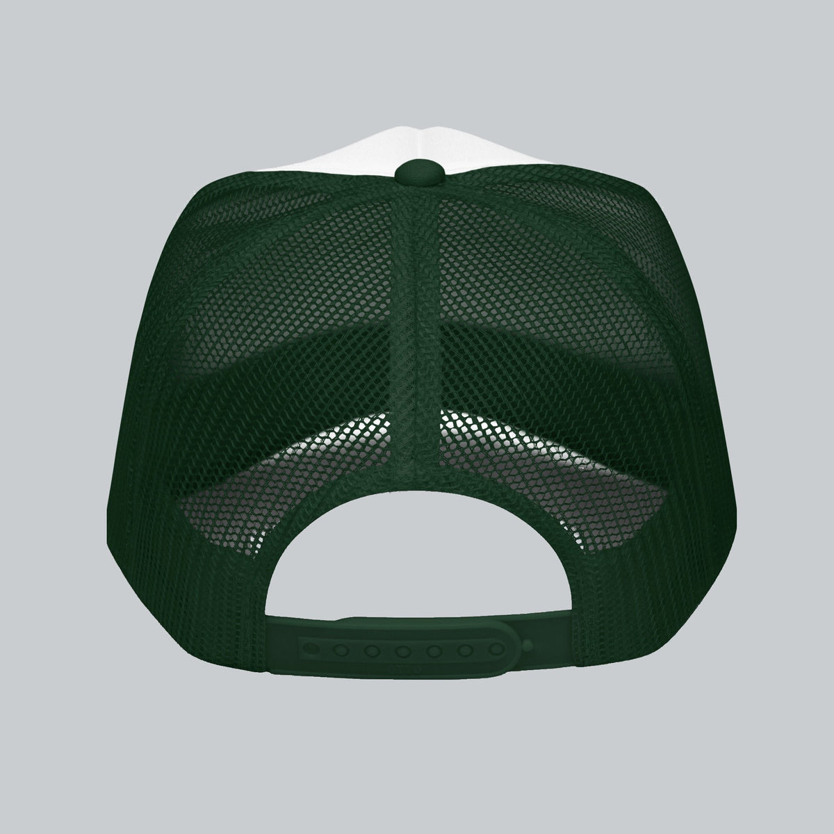 Never a Dull Moment Trucker Hat, back view showing mesh panels and adjustable snap closure | Color: Evergreen (Dark Green / White)