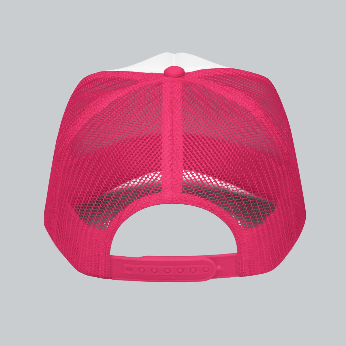 Never a Dull Moment Trucker Hat, back view showing mesh panels and adjustable snap closure | Color: Flamingo (Hot Pink / White)