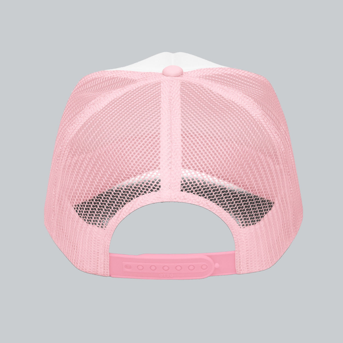 Never a Dull Moment Trucker Hat, back view showing mesh panels and adjustable snap closure | Color: Barbie (Light Pink / White)