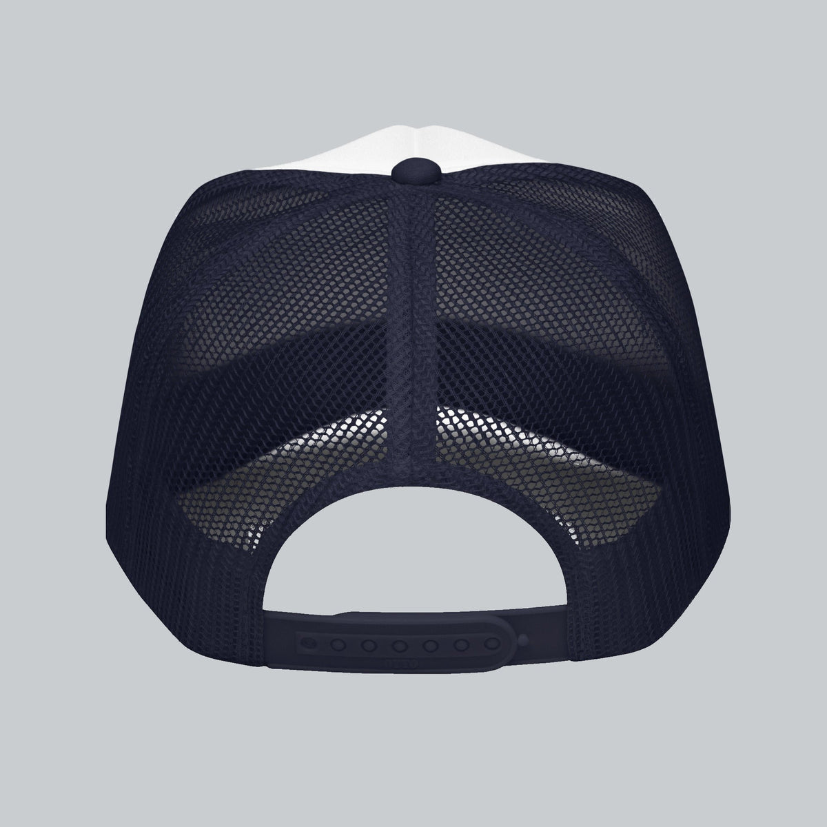 Never a Dull Moment Trucker Hat, back view showing mesh panels and adjustable snap closure | Color: Midnight (Navy / White)