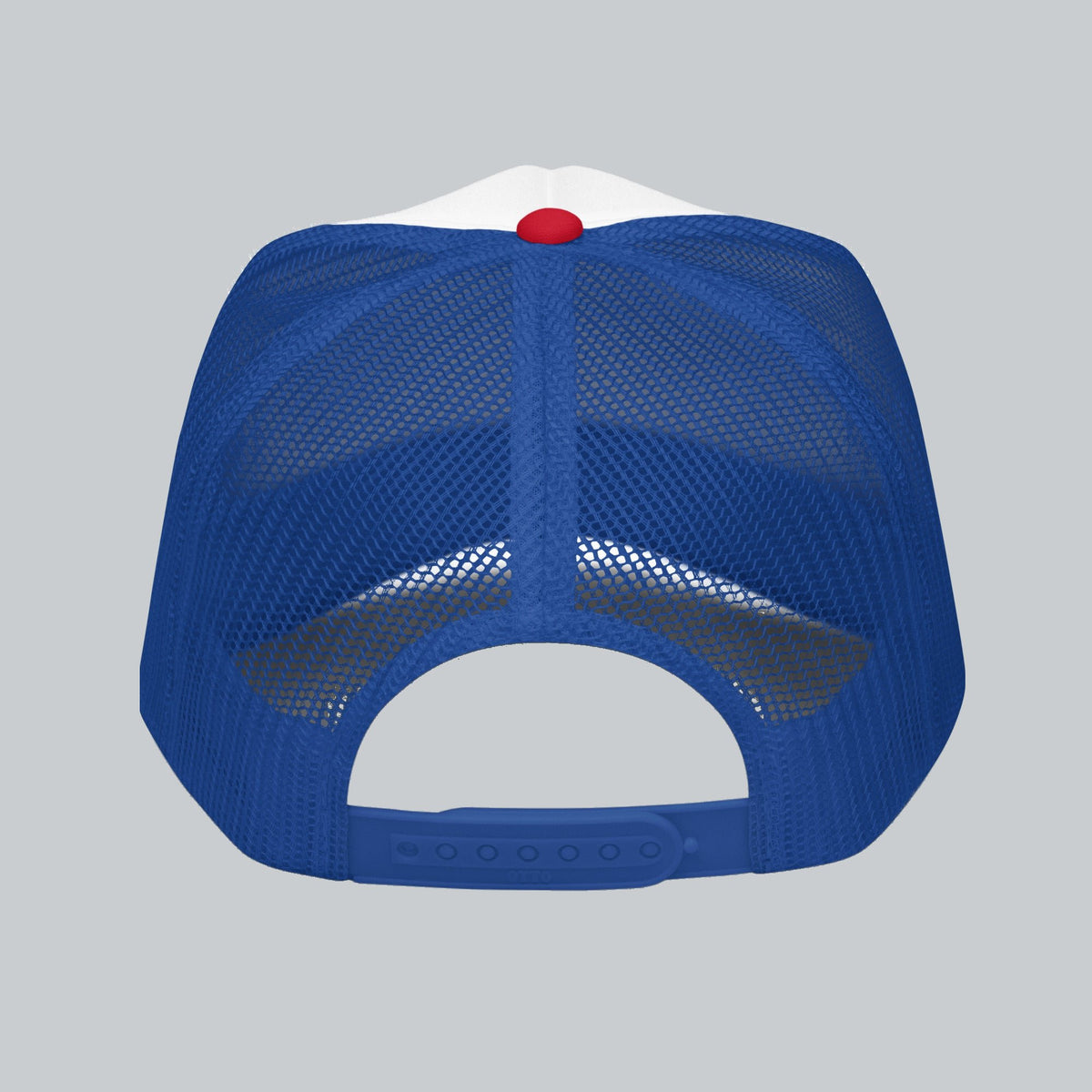 Never a Dull Moment Trucker Hat, back view showing mesh panels and adjustable snap closure | Color: All-American (Red / White / Royal)