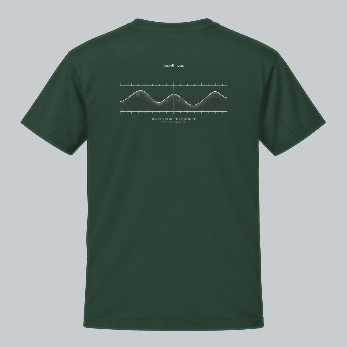 Hold Your Tolerance T-Shirt, back view showing tolerance waveform illustration