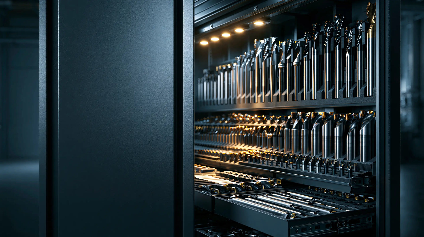 Organized inventory of precision CNC cutting tools, including end mills and drills, for industrial machining applications.