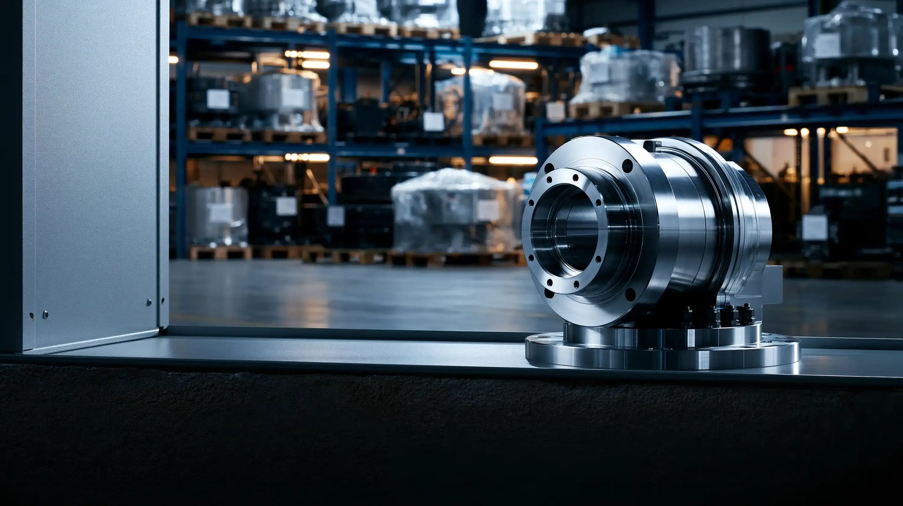 Precision-machined industrial component in a warehouse, representing Tech Tool industrial sourcing, quote coordination, and delivery support.