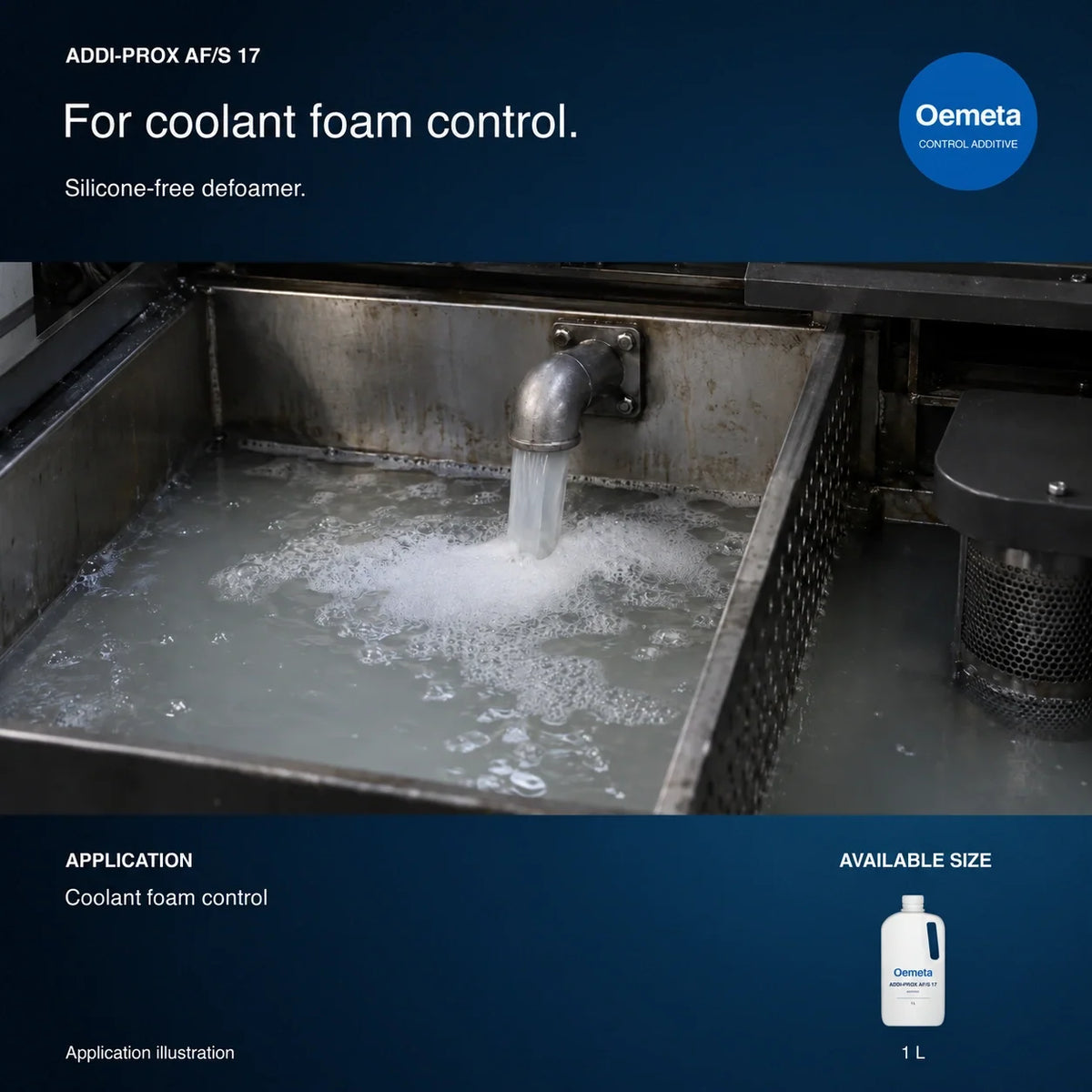 Oemeta ADDI-PROX AF/S 17 application illustration showing mechanical foam at a CNC coolant return, with a 1 L bottle