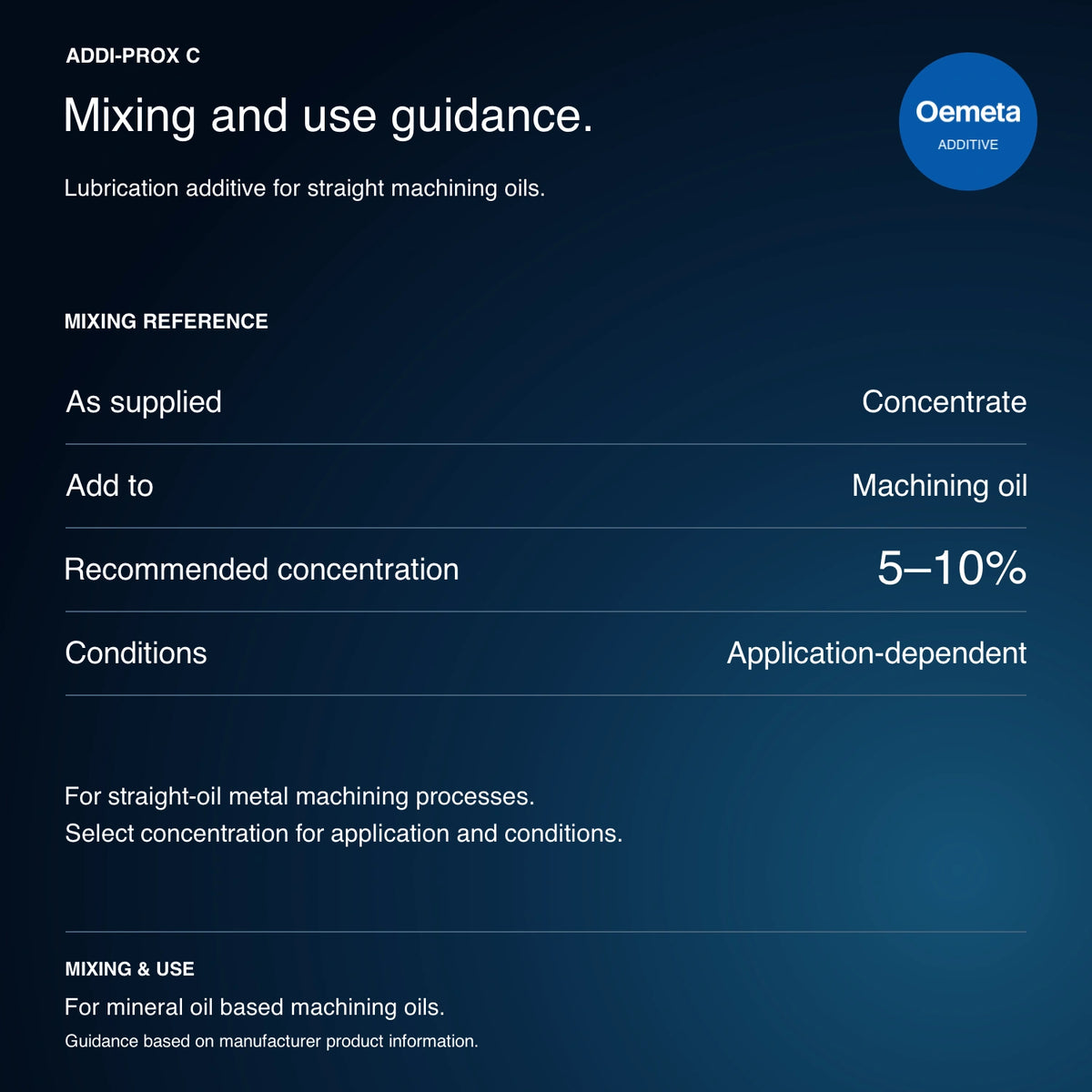 Oemeta mixing and use guidance for ADDI-PROX C: concentrate added to mineral oil based machining oil at 5–10%, depending on application and conditions.