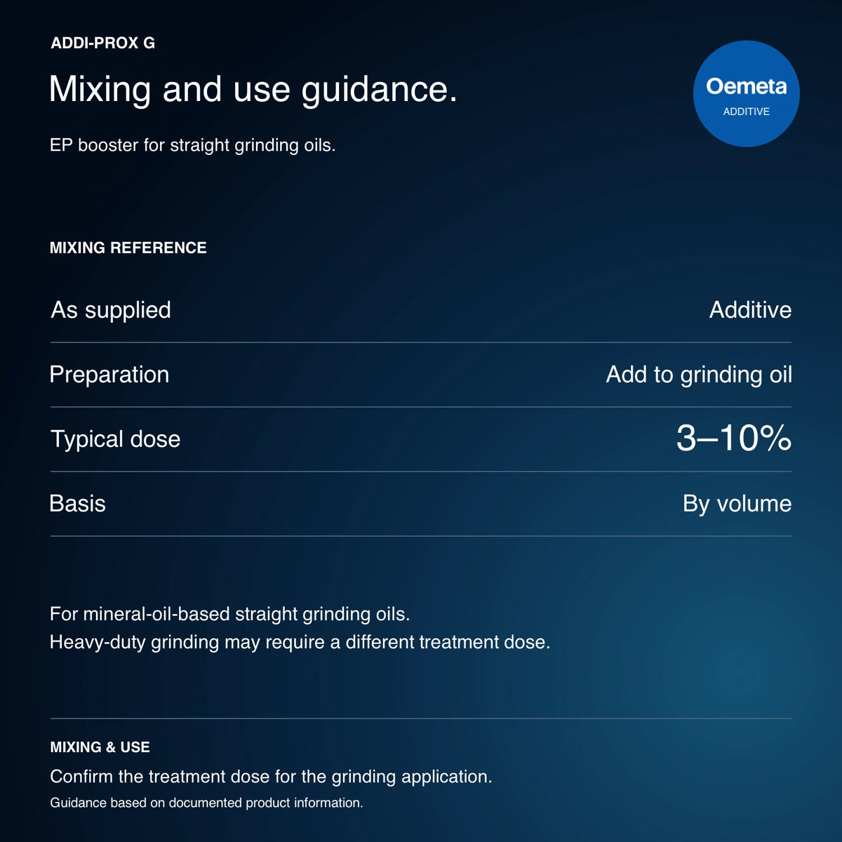 ADDI-PROX G mixing guidance: additive for mineral-oil-based straight grinding oils, typical treatment dose 3–10% by volume; confirm the application-specific dose.
