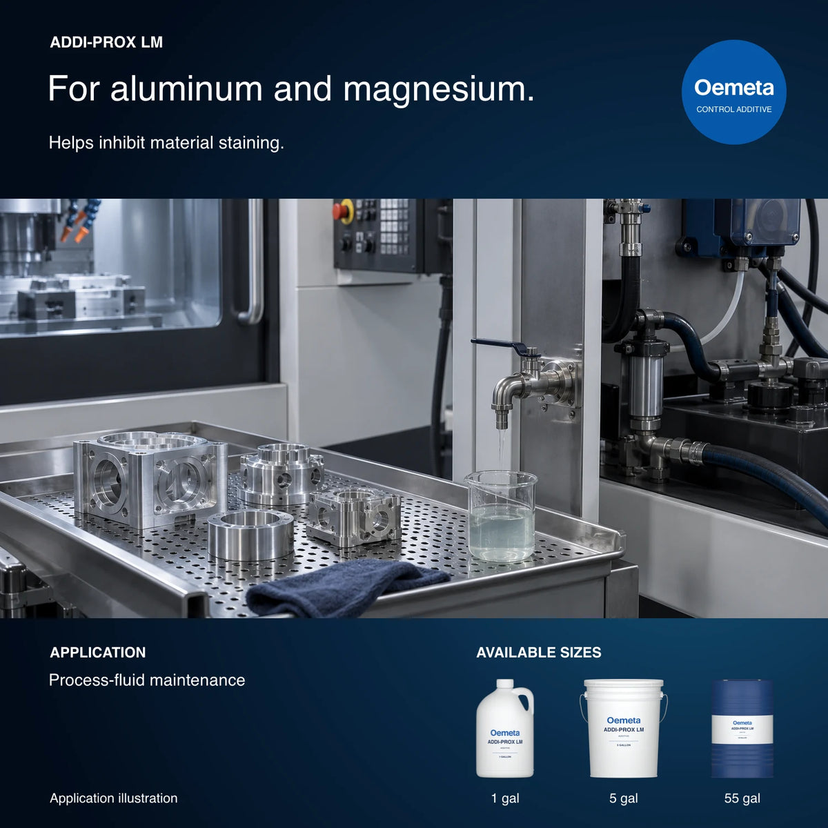 Oemeta ADDI-PROX LM application illustration showing process-fluid maintenance beside machined aluminum parts with 1-gallon jug, 5-gallon pail and 55-gallon drum packages