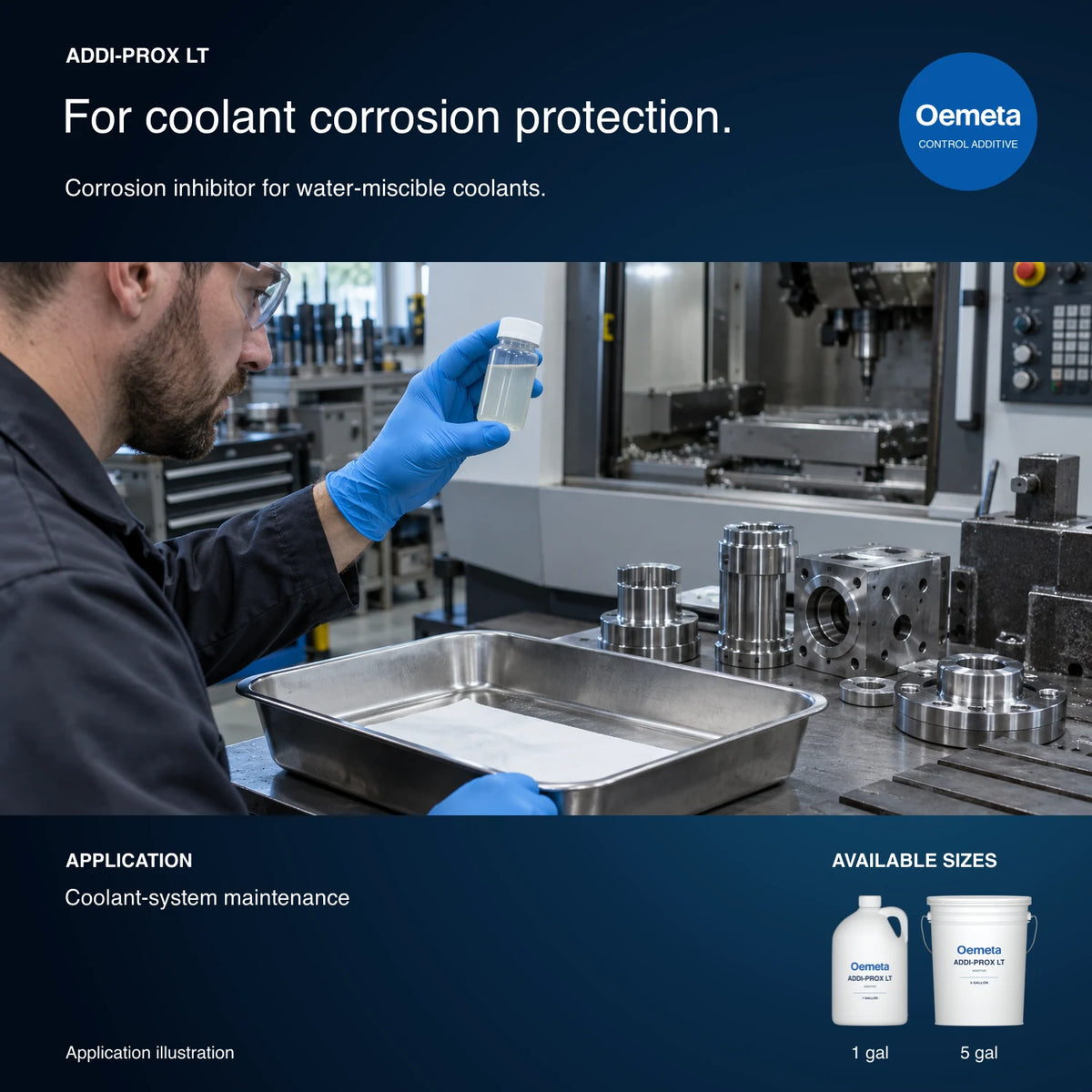 Oemeta ADDI-PROX LT coolant-maintenance illustration showing a technician inspecting a coolant sample beside machined steel parts, with 1-gallon jug and 5-gallon pail packages