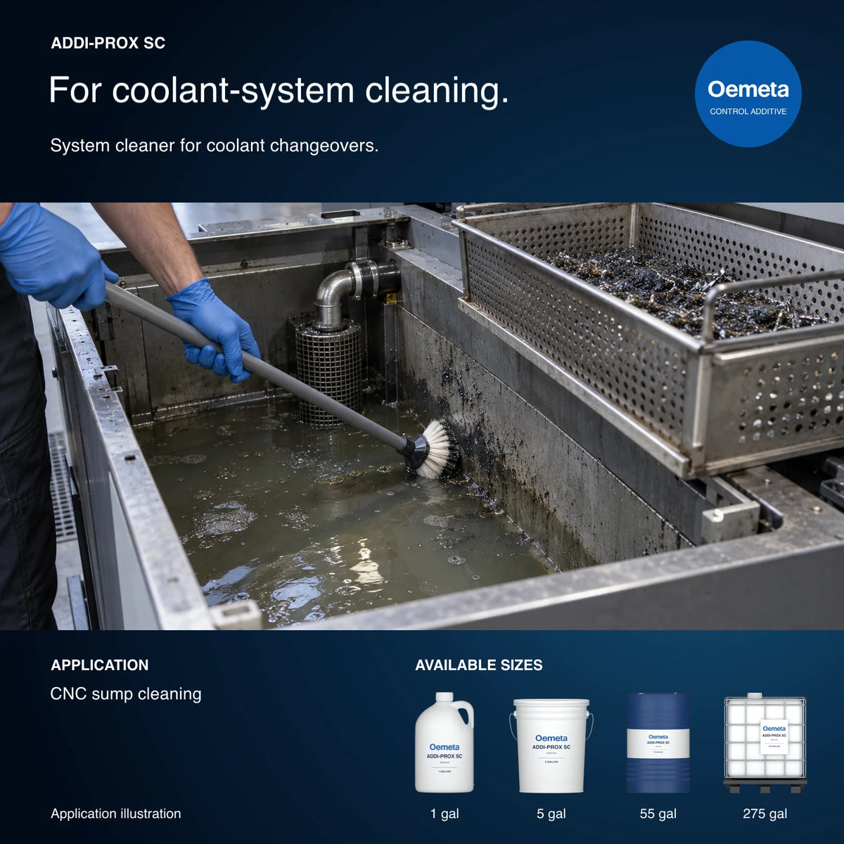 Oemeta ADDI-PROX SC application illustration showing CNC coolant sump cleaning with a brush and removable chip basket, plus 1-, 5-, 55- and 275-gallon packages