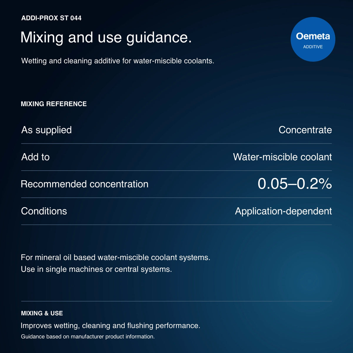ADDI-PROX ST 044 mixing and use guidance: concentrate added to mineral oil based water-miscible coolant systems at recommended 0.05–0.2%, depending on application and conditions; for single machines or central systems.