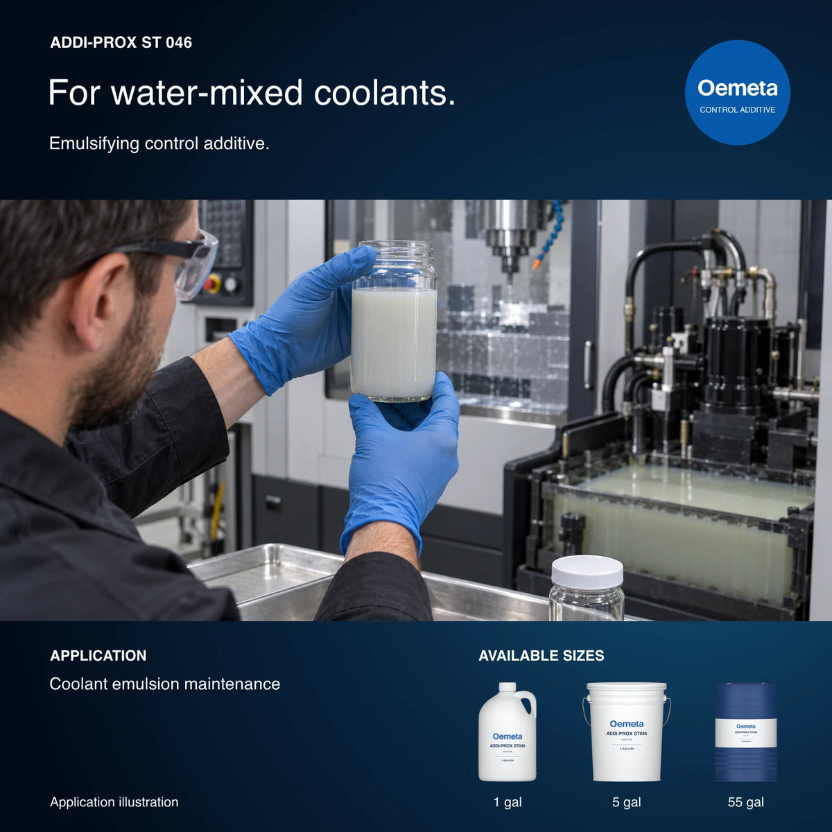 Oemeta ADDI-PROX ST 046 application illustration showing a technician inspecting a coolant emulsion sample, with 1-, 5- and 55-gallon packages