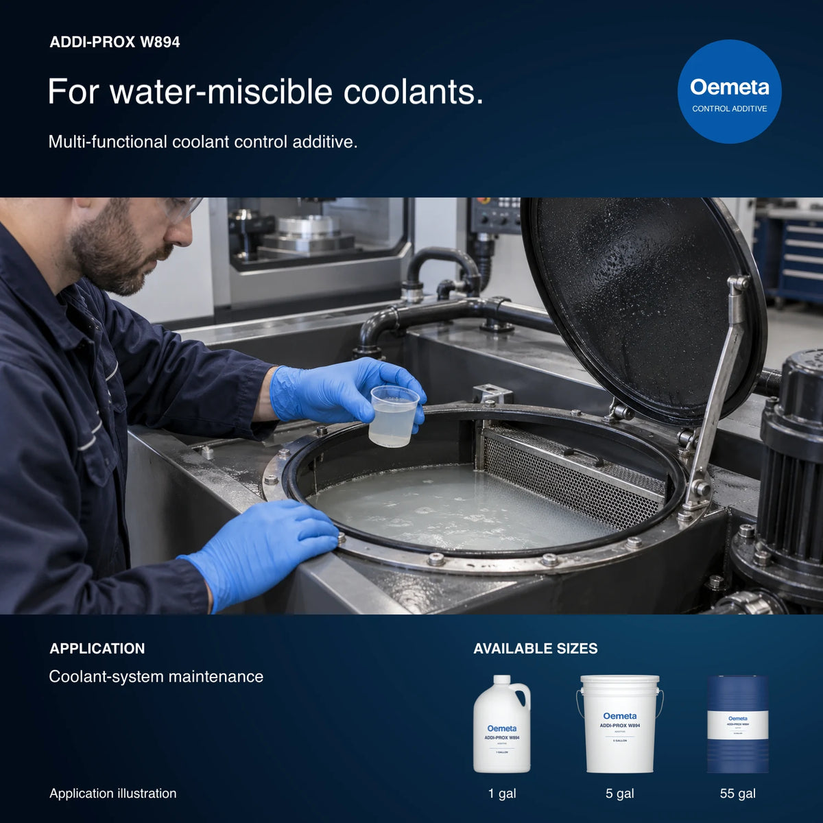 Oemeta ADDI-PROX W894 application illustration showing a technician sampling coolant from a machine reservoir, with 1-, 5- and 55-gallon packages