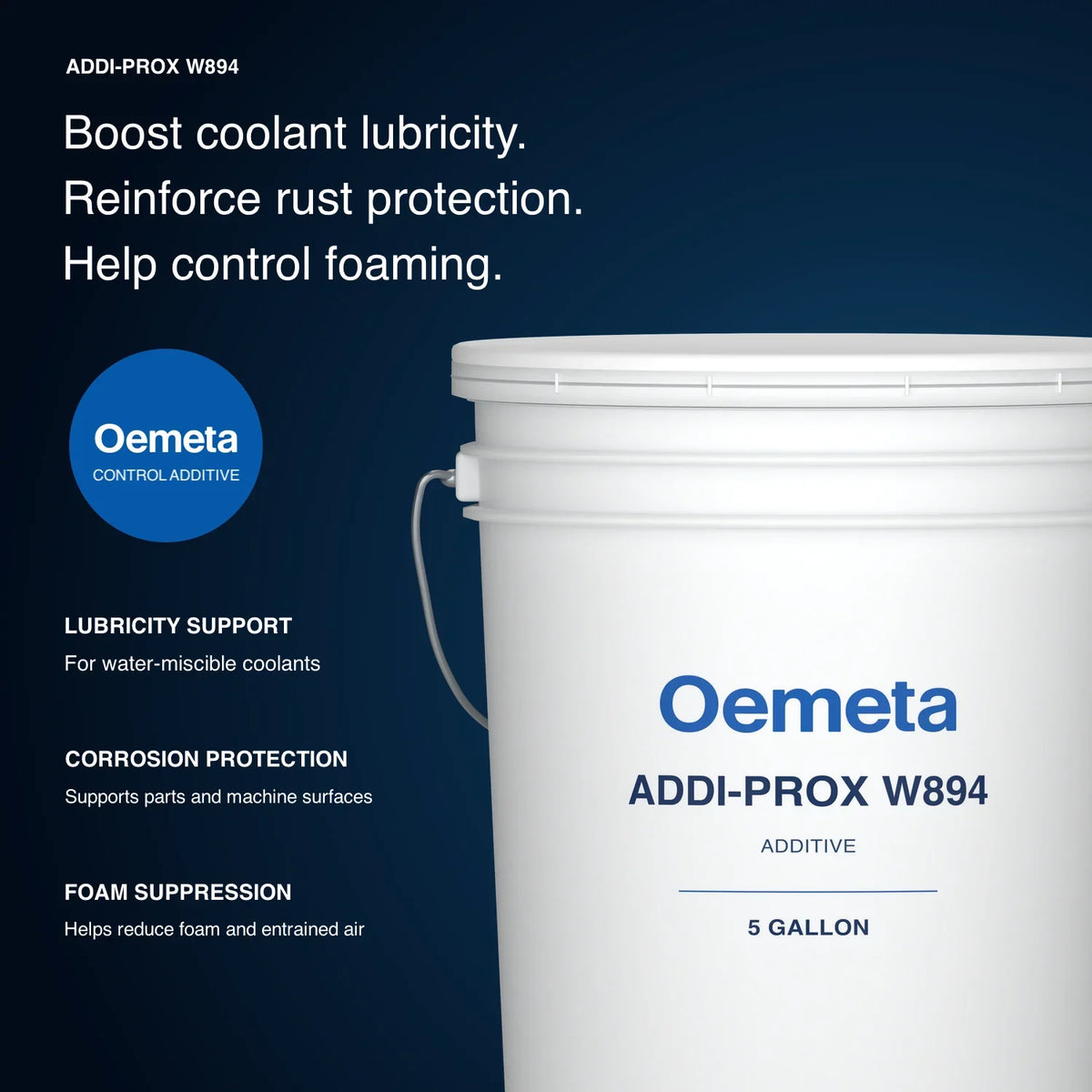 Oemeta ADDI-PROX W894 pail with lubricity support, corrosion protection, foam suppression information