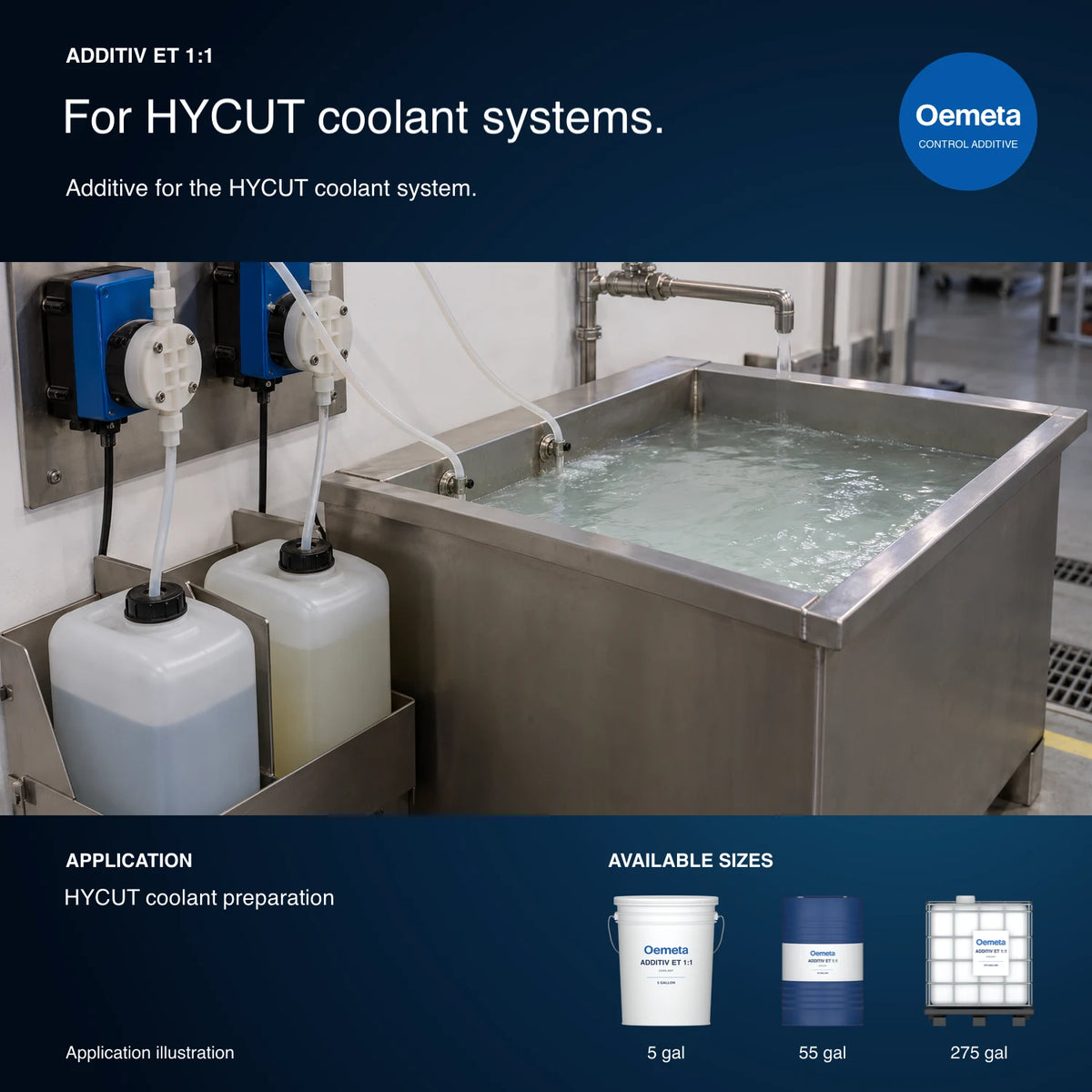 Oemeta ADDITIV ET 1:1 application illustration showing HYCUT coolant preparation using separate metering lines, with 5-, 55- and 275-gallon packages