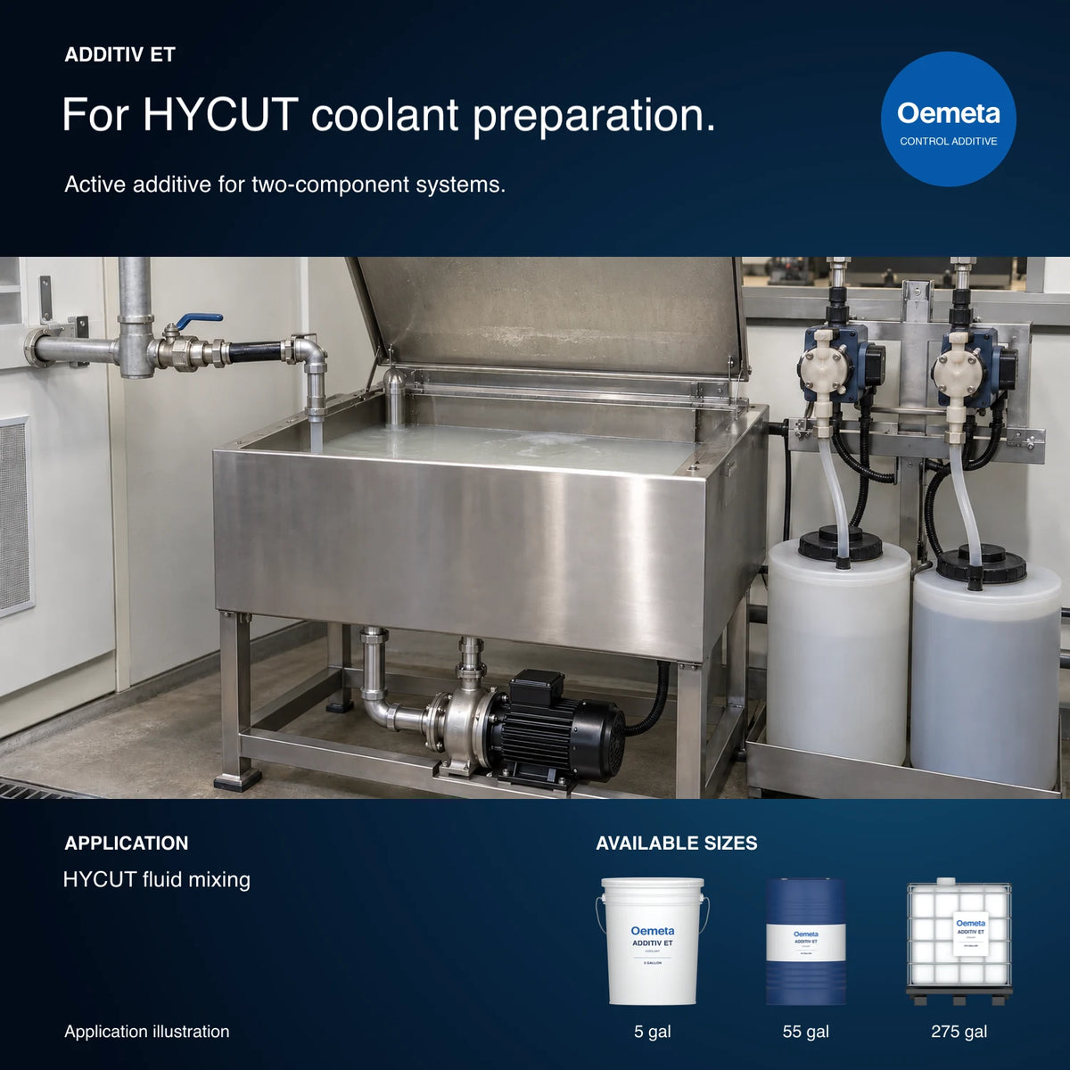 Oemeta ADDITIV ET application illustration showing HYCUT fluid preparation with separate component metering pumps and 5-, 55- and 275-gallon packages