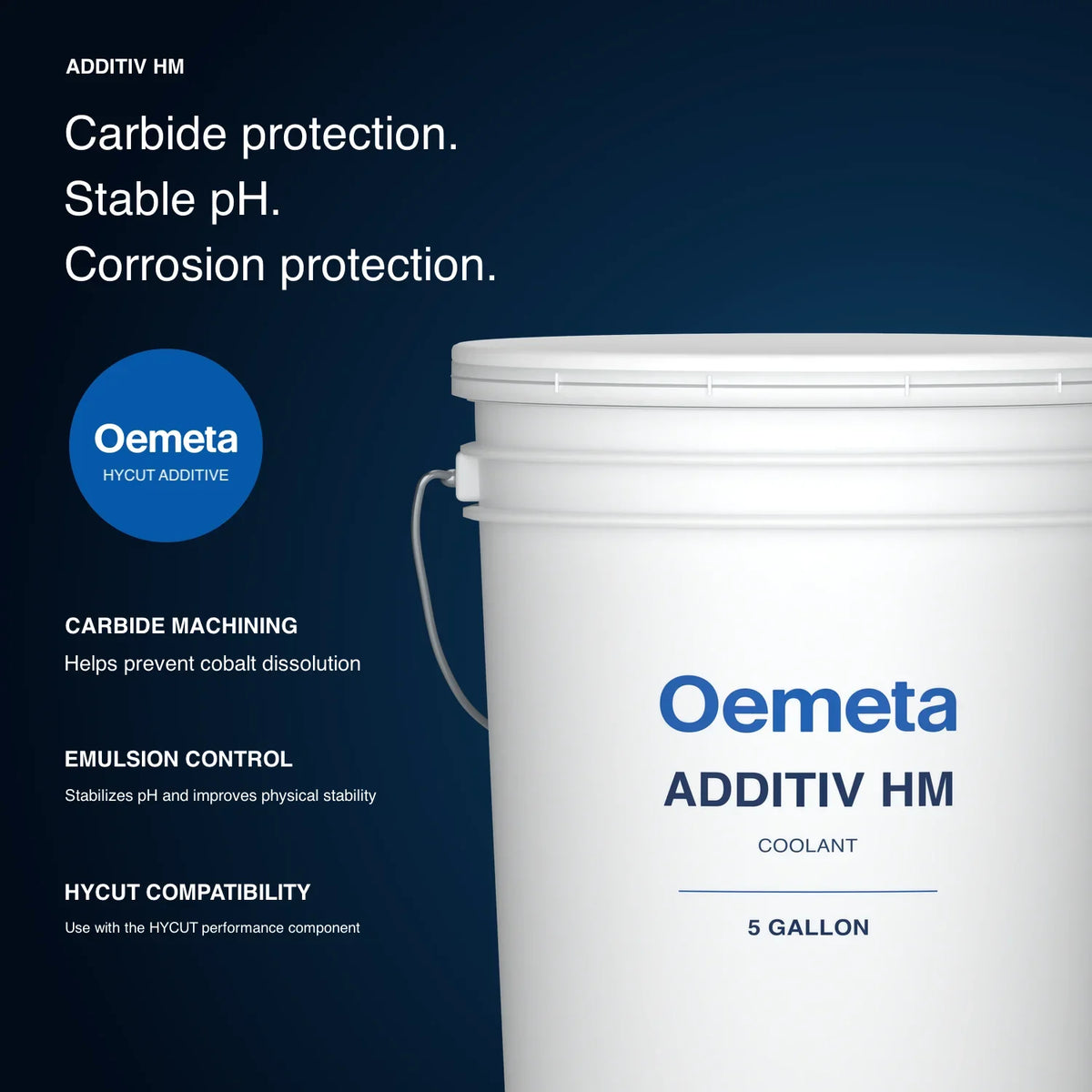 Oemeta ADDITIV HM HYCUT additive benefits: cobalt dissolution protection for carbide, pH stabilization, corrosion protection and emulsion stability