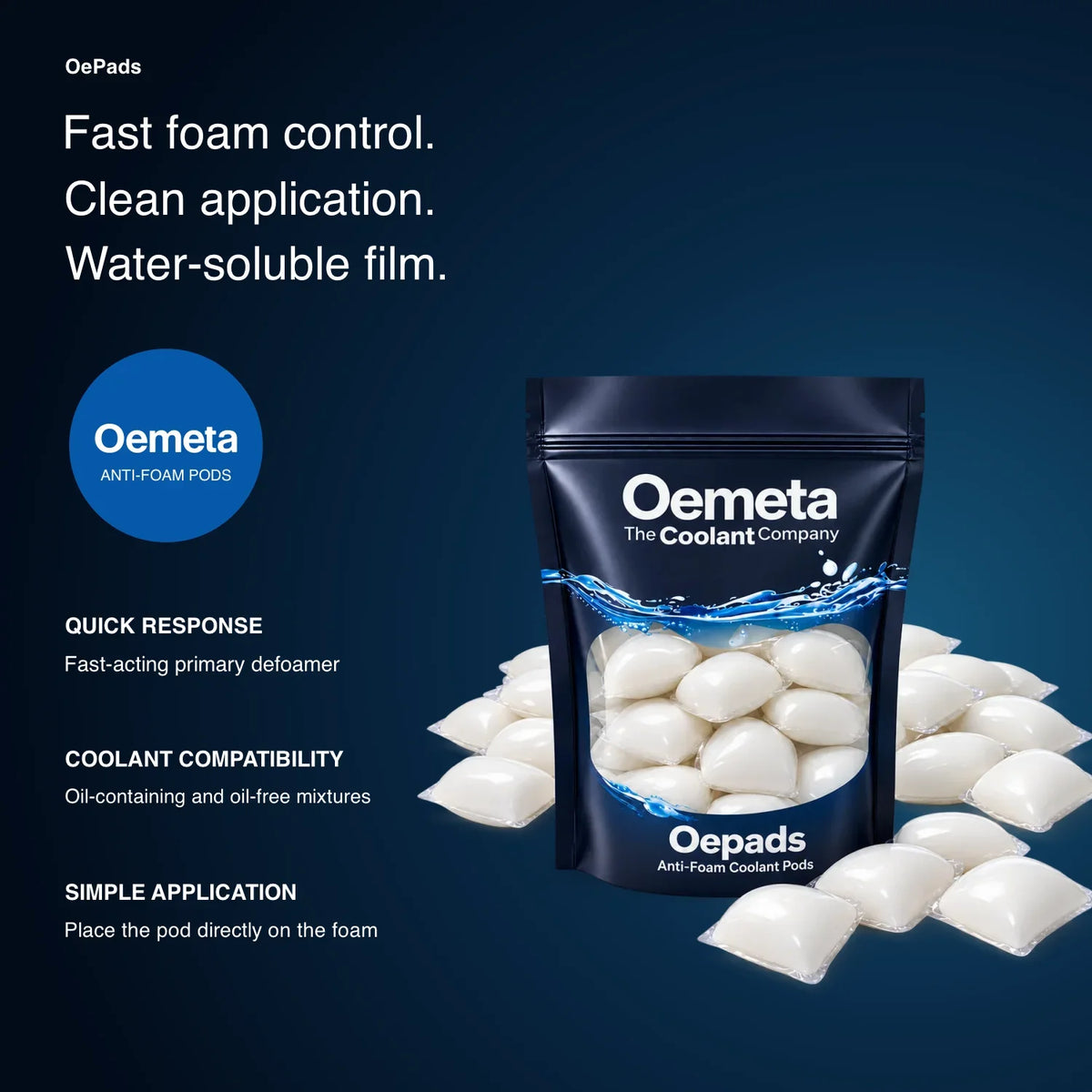 Oemeta OePads anti-foam coolant pods with fast foam control, water-soluble film and application guidance for water-mixed coolants