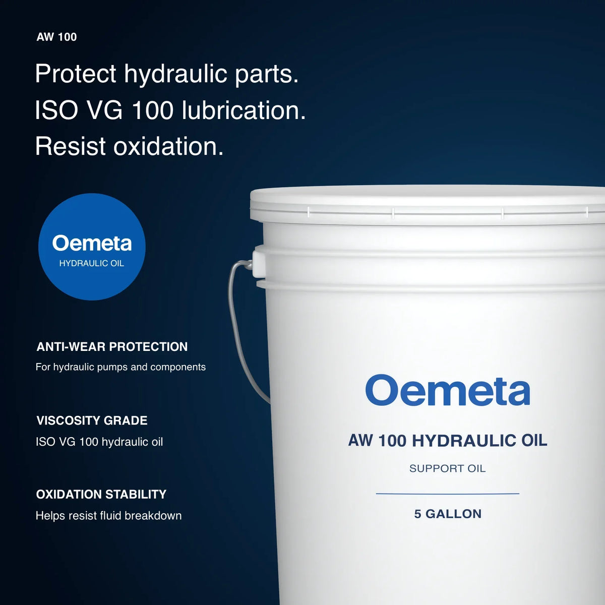 Oemeta AW 100 hydraulic oil pail with anti-wear protection, ISO VG 100 viscosity and oxidation stability information