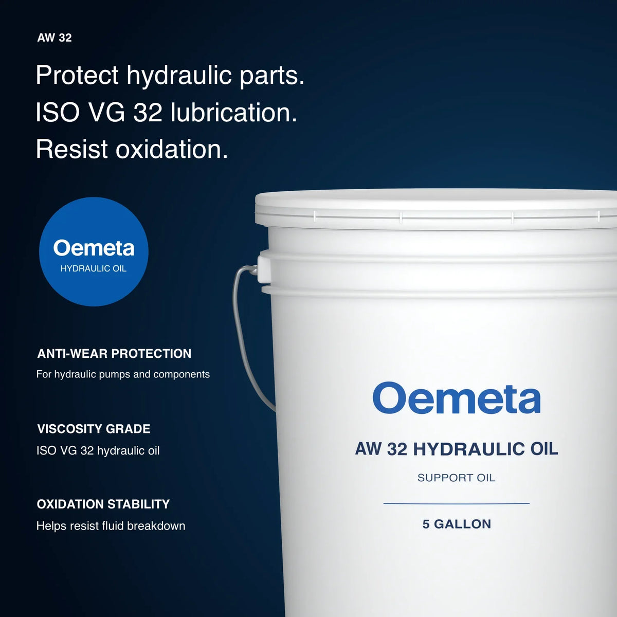 Oemeta AW 32 hydraulic oil pail with anti-wear protection, ISO VG 32 viscosity and oxidation stability information