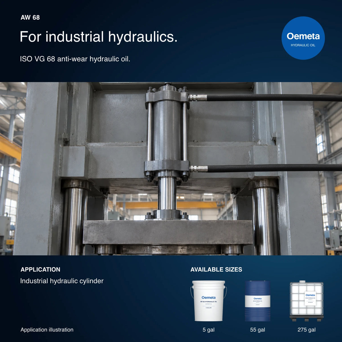 Oemeta AW 68 hydraulic oil application illustration showing an industrial press cylinder with separate hydraulic lines, with 5-gallon pail, 55-gallon drum and 275-gallon tote packages