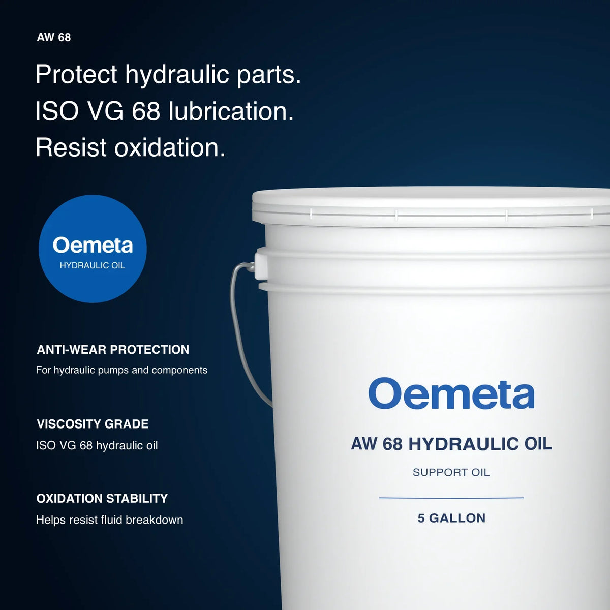 Oemeta AW 68 hydraulic oil pail with anti-wear protection, ISO VG 68 viscosity and oxidation stability information