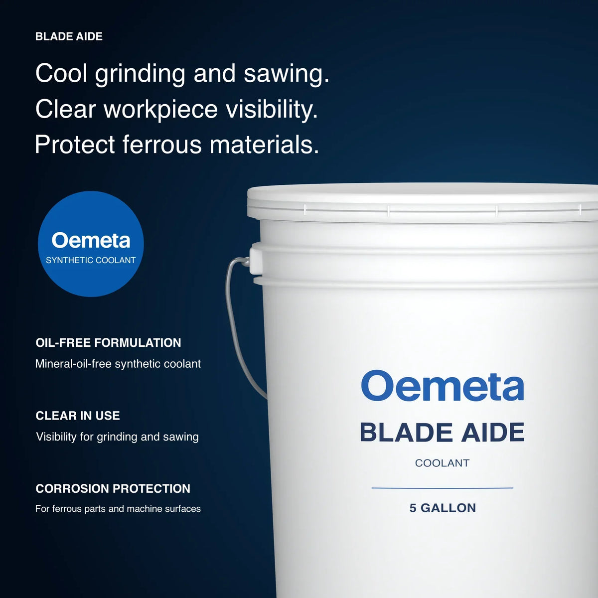 Oemeta Blade Aide coolant pail with mineral-oil-free formulation, grinding and sawing visibility and corrosion protection benefits