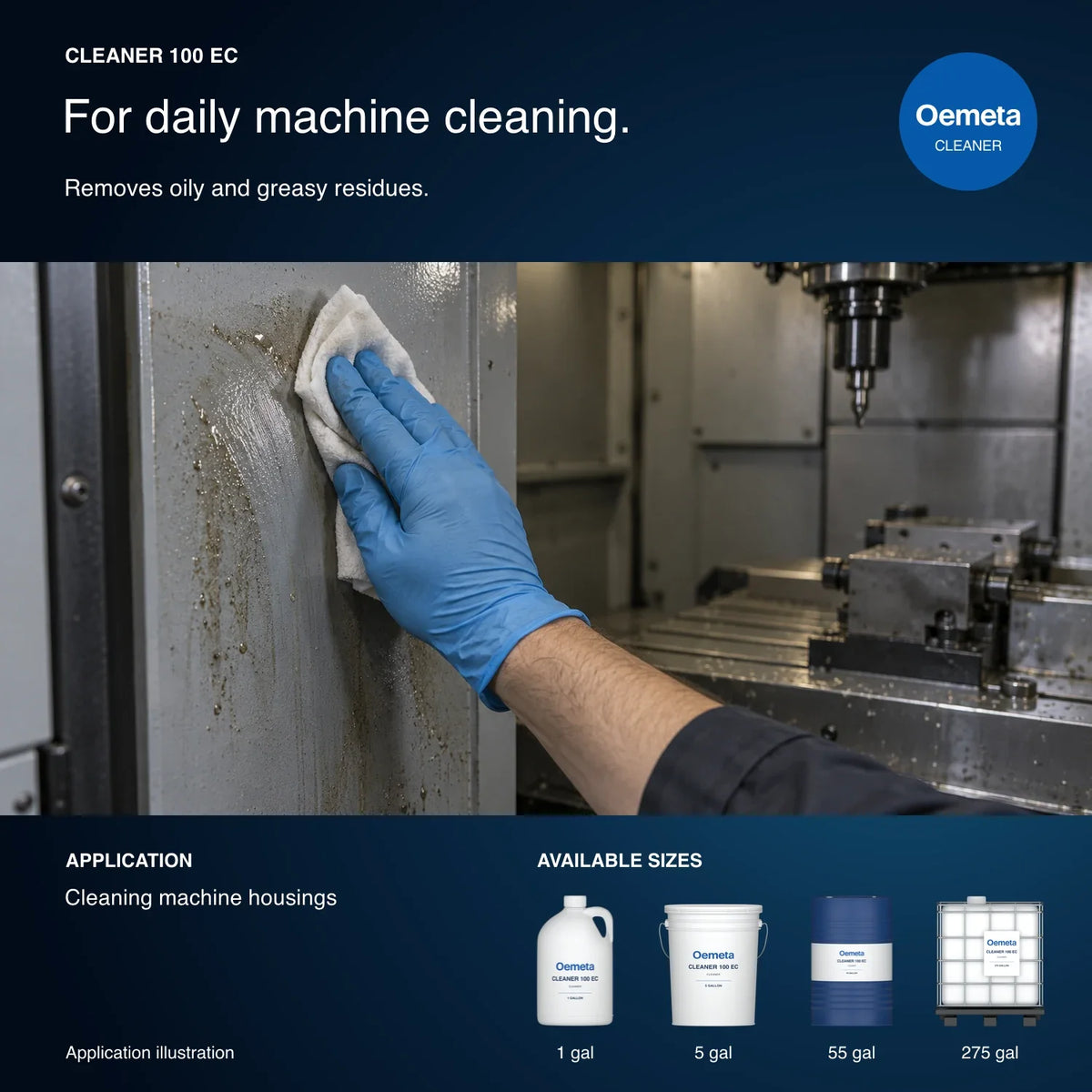 Oemeta CLEANER 100 EC application illustration showing machine housing cleaning and 1-gallon jug, 5-gallon pail, 55-gallon drum and 275-gallon tote packages