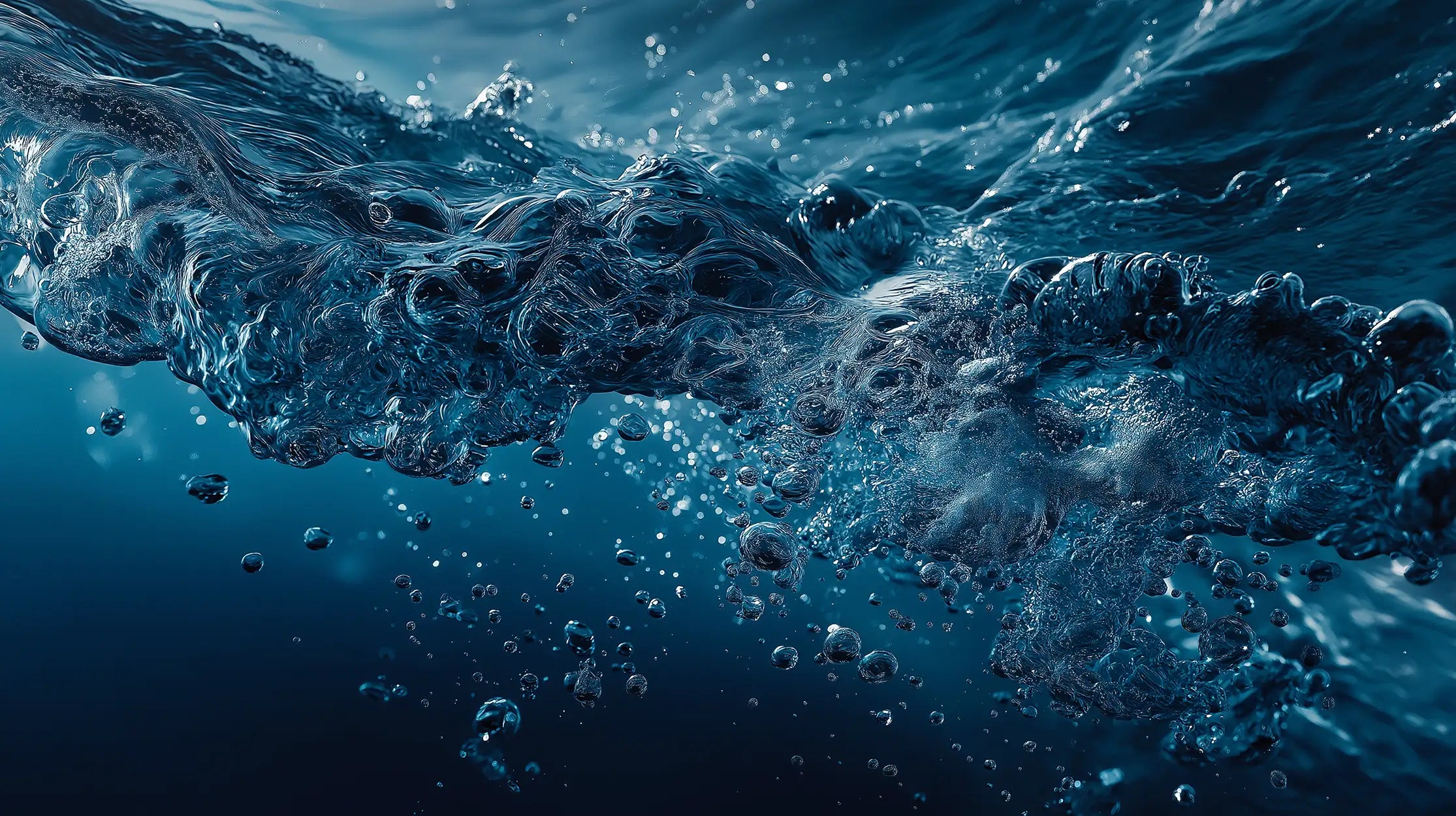 Oemeta coolant churning at the surface with bubbles trailing into deep blue