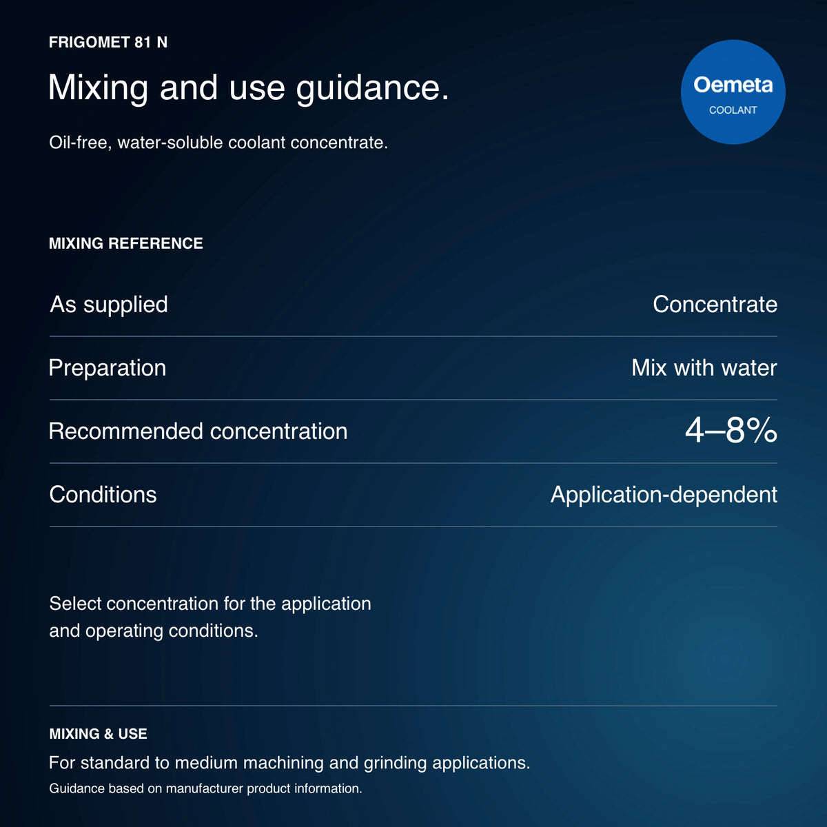 FRIGOMET 81 N mixing guidance: oil-free water-soluble concentrate, mix with water at recommended 4–8%, depending on application and operating conditions.