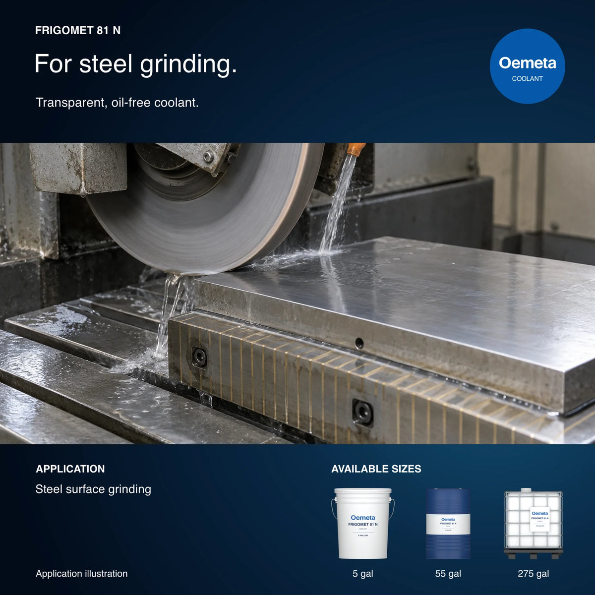 Oemeta FRIGOMET 81 N application illustration showing steel surface grinding with clear coolant and 5-gallon pail, 55-gallon drum and 275-gallon tote packages