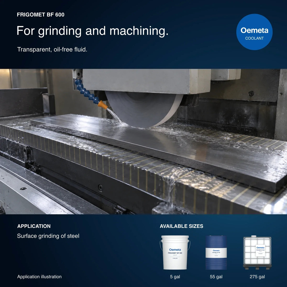 Oemeta FRIGOMET BF 600 application illustration showing wet surface grinding of steel and 5-gallon pail, 55-gallon drum and 275-gallon tote packages