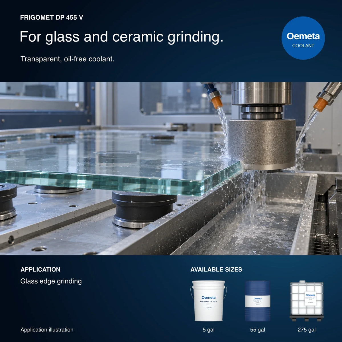 Oemeta FRIGOMET DP 455 V application illustration showing wet diamond edge grinding of glass with 5-gallon pail, 55-gallon drum and 275-gallon tote packages