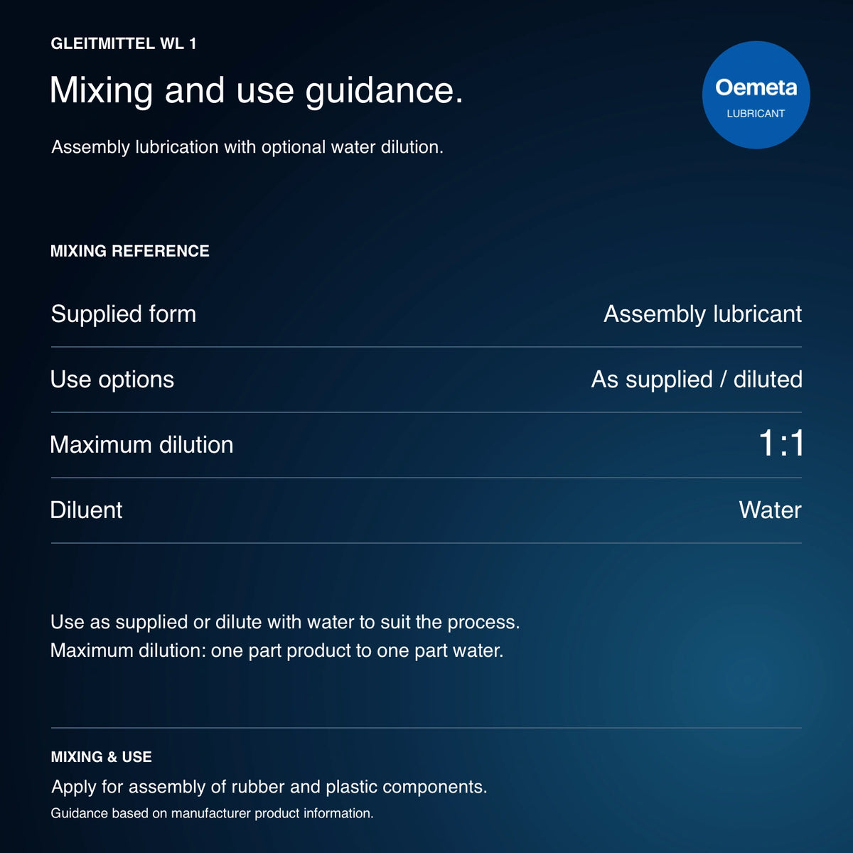 GLEITMITTEL WL 1 mixing and use guidance: assembly lubricant for rubber and plastic components; use as supplied or diluted with water to a maximum product-to-water ratio of 1:1.