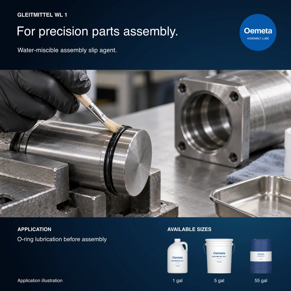 Oemeta GLEITMITTEL WL 1 application illustration showing O-ring lubrication before parts assembly, with 1-gallon jug, 5-gallon pail and 55-gallon drum packages