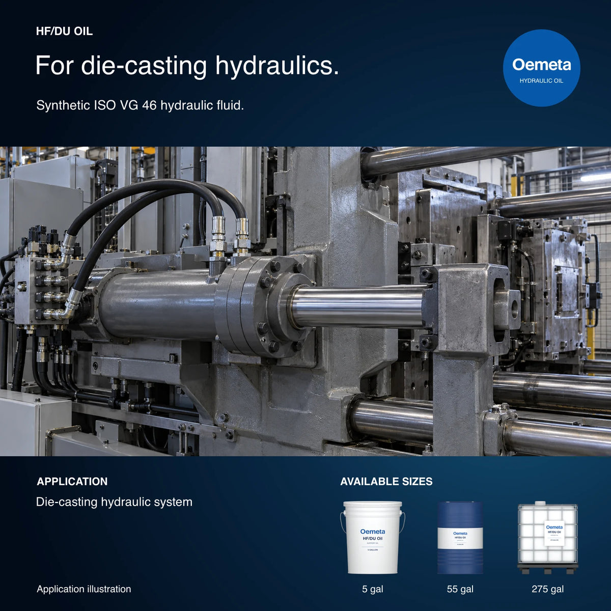 Oemeta HF/DU Oil application illustration showing a die-casting machine hydraulic cylinder and valve connections, with 5-gallon pail, 55-gallon drum and 275-gallon tote packages