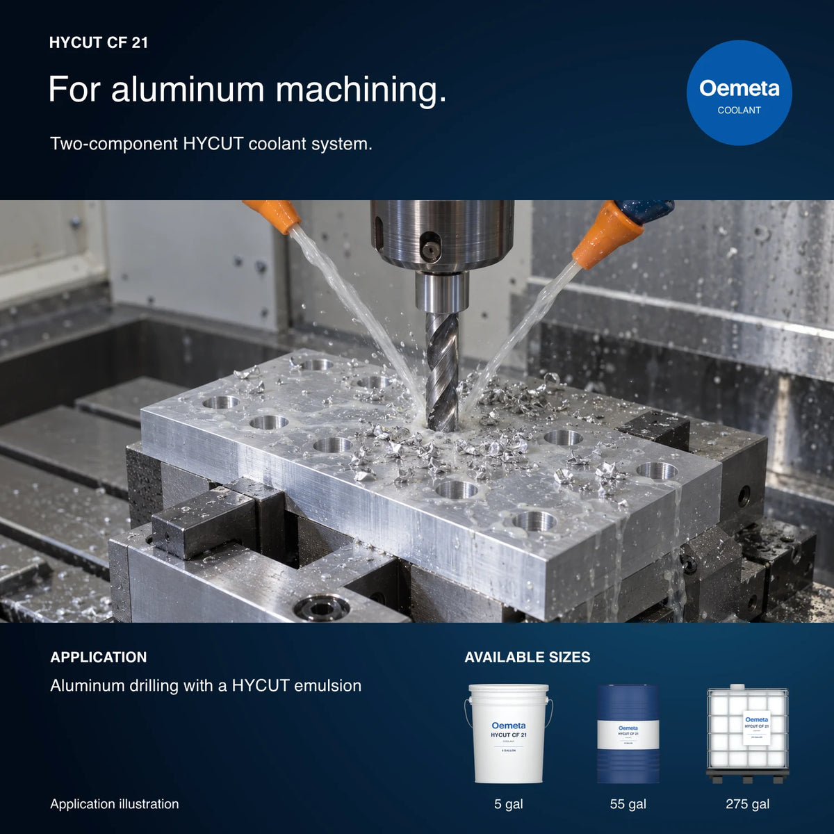 Oemeta HYCUT CF 21 application illustration showing aluminum drilling with a HYCUT emulsion and 5-gallon pail, 55-gallon drum and 275-gallon tote packages